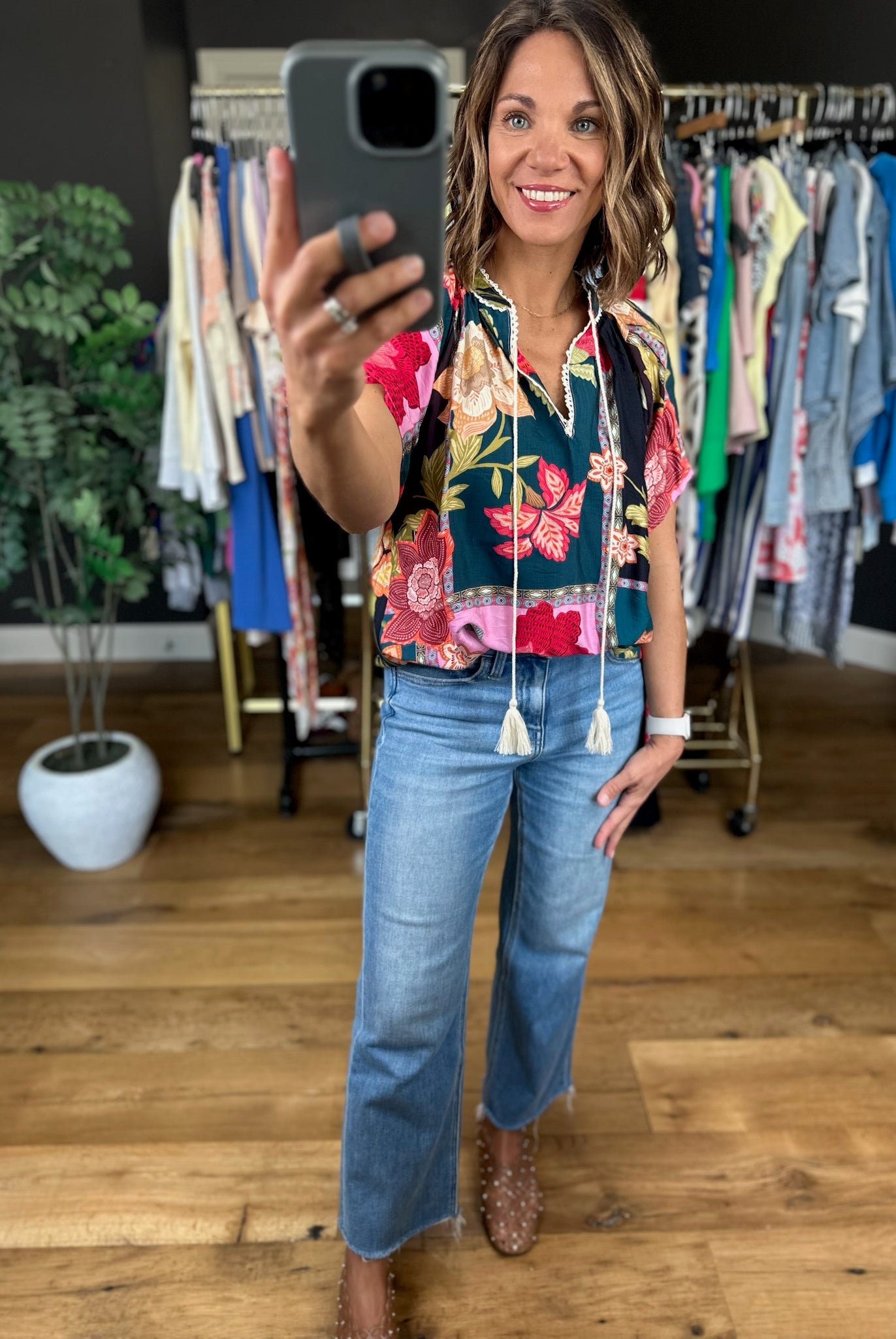 Happy Feelings Floral Crochet-Trim Top-Short Sleeves-Umgee-Anna Kaytes Boutique, Women's Fashion Boutique in Grinnell, Iowa