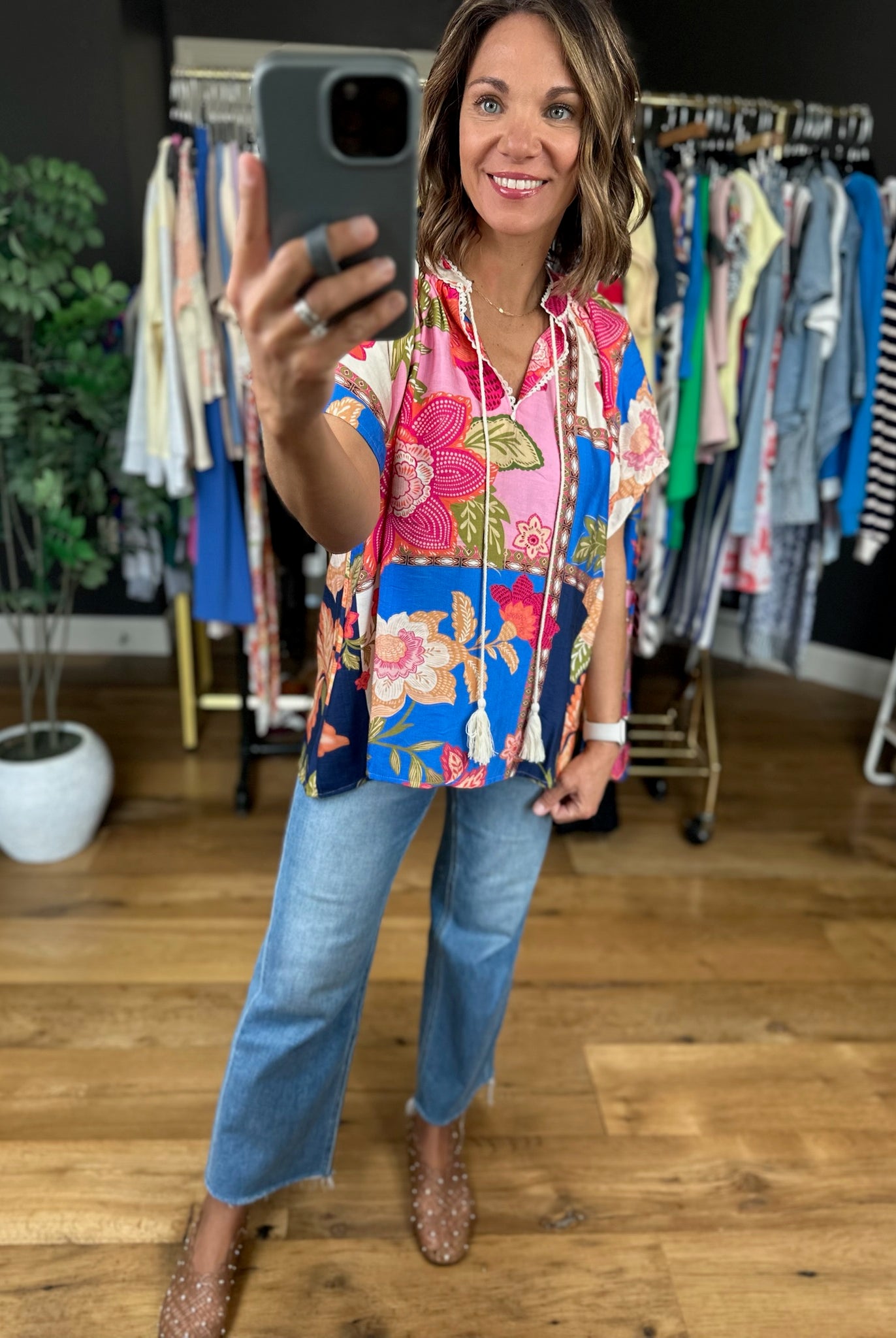 Happy Feelings Floral Crochet-Trim Top-Short Sleeves-Umgee-Anna Kaytes Boutique, Women's Fashion Boutique in Grinnell, Iowa