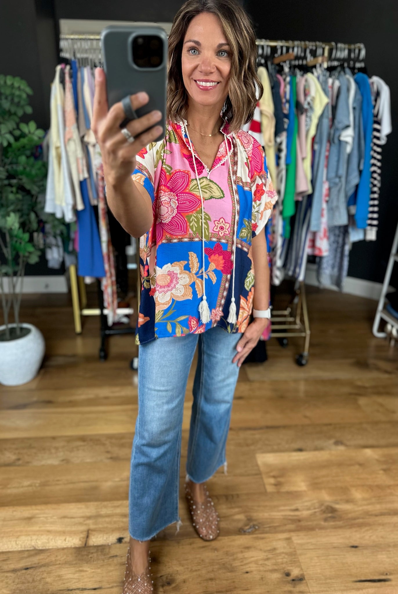 Happy Feelings Floral Crochet-Trim Top-Short Sleeves-Umgee-Anna Kaytes Boutique, Women's Fashion Boutique in Grinnell, Iowa