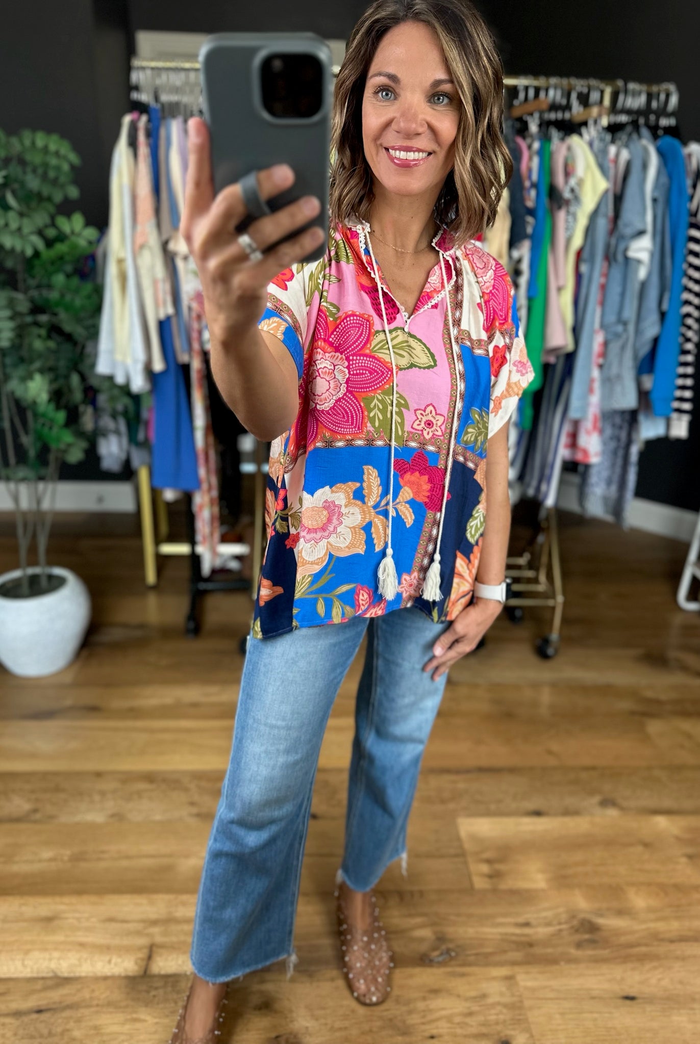 Happy Feelings Floral Crochet-Trim Top-Short Sleeves-Umgee-Anna Kaytes Boutique, Women's Fashion Boutique in Grinnell, Iowa