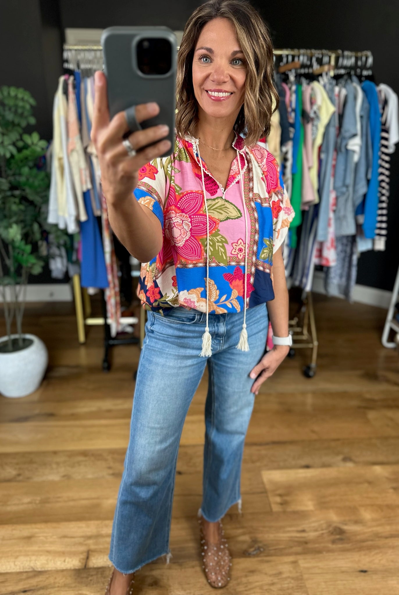 Happy Feelings Floral Crochet-Trim Top-Short Sleeves-Umgee-Anna Kaytes Boutique, Women's Fashion Boutique in Grinnell, Iowa