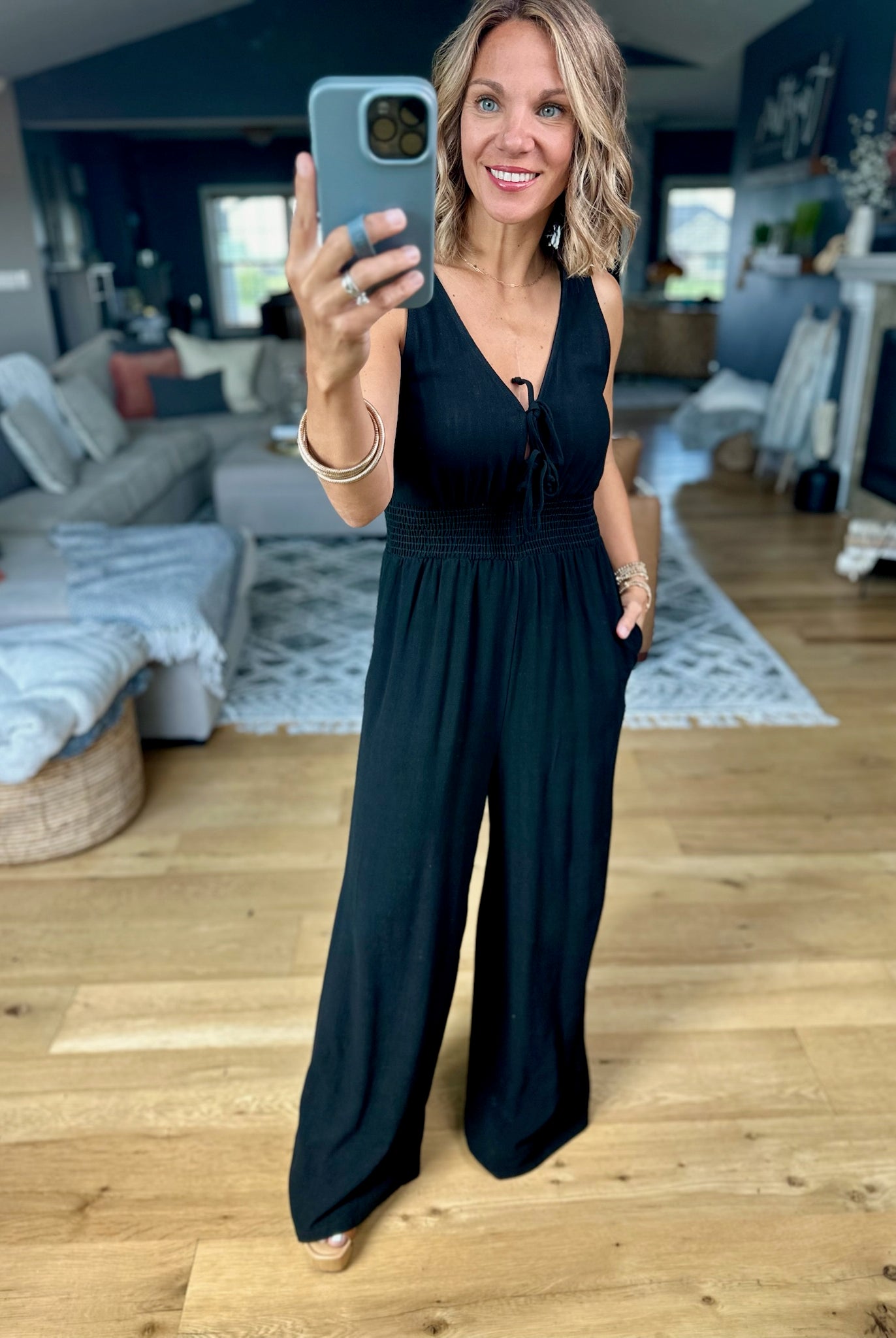 Misunderstood Tie V-Neck Jumpsuit-Wasabi & Mint-Anna Kaytes Boutique, Women's Fashion Boutique in Grinnell, Iowa