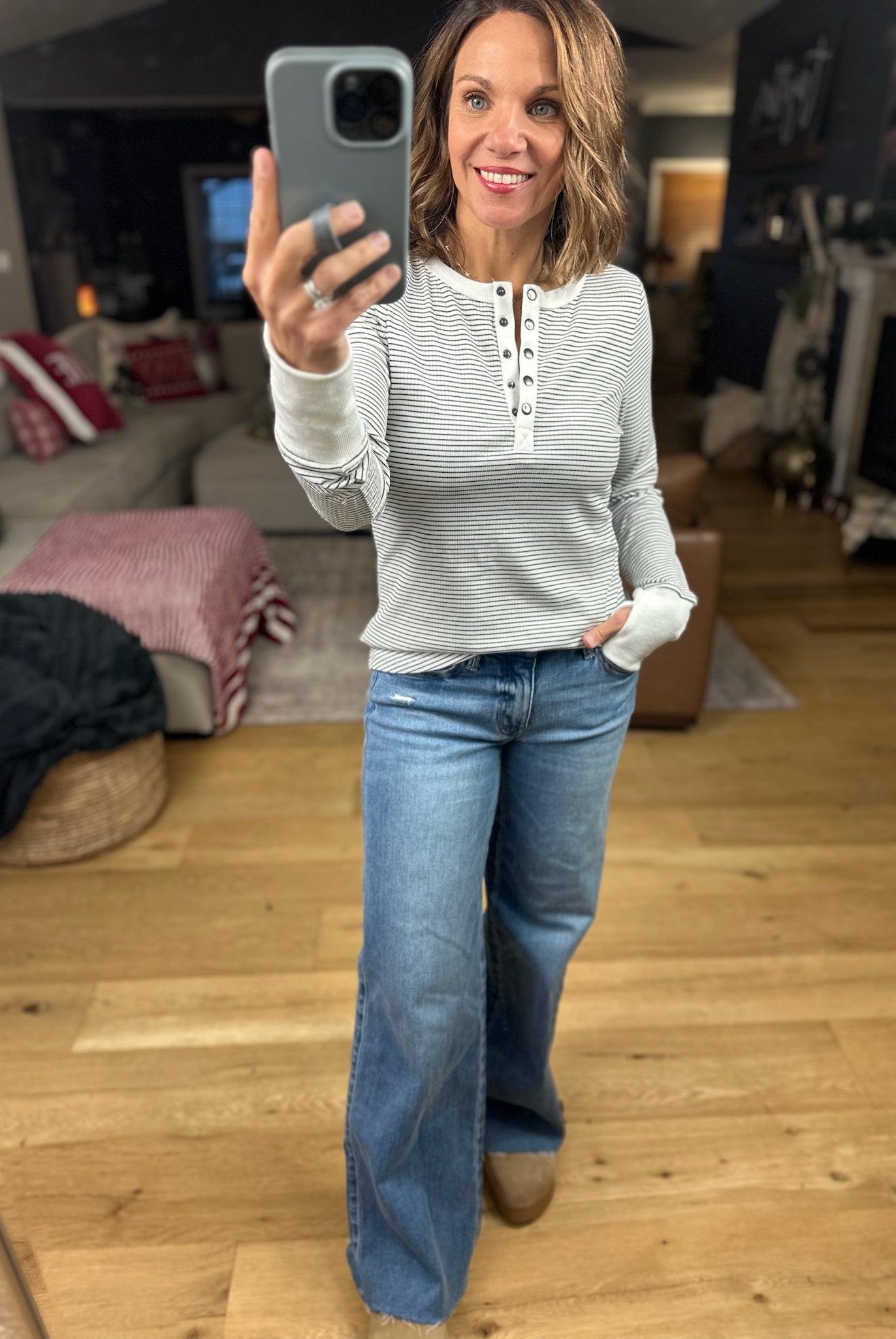 Always About It Ribbed Striped Snap-Detail Long Sleeve-Long Sleeves-Doe & Rae-Anna Kaytes Boutique, Women's Fashion Boutique in Grinnell, Iowa