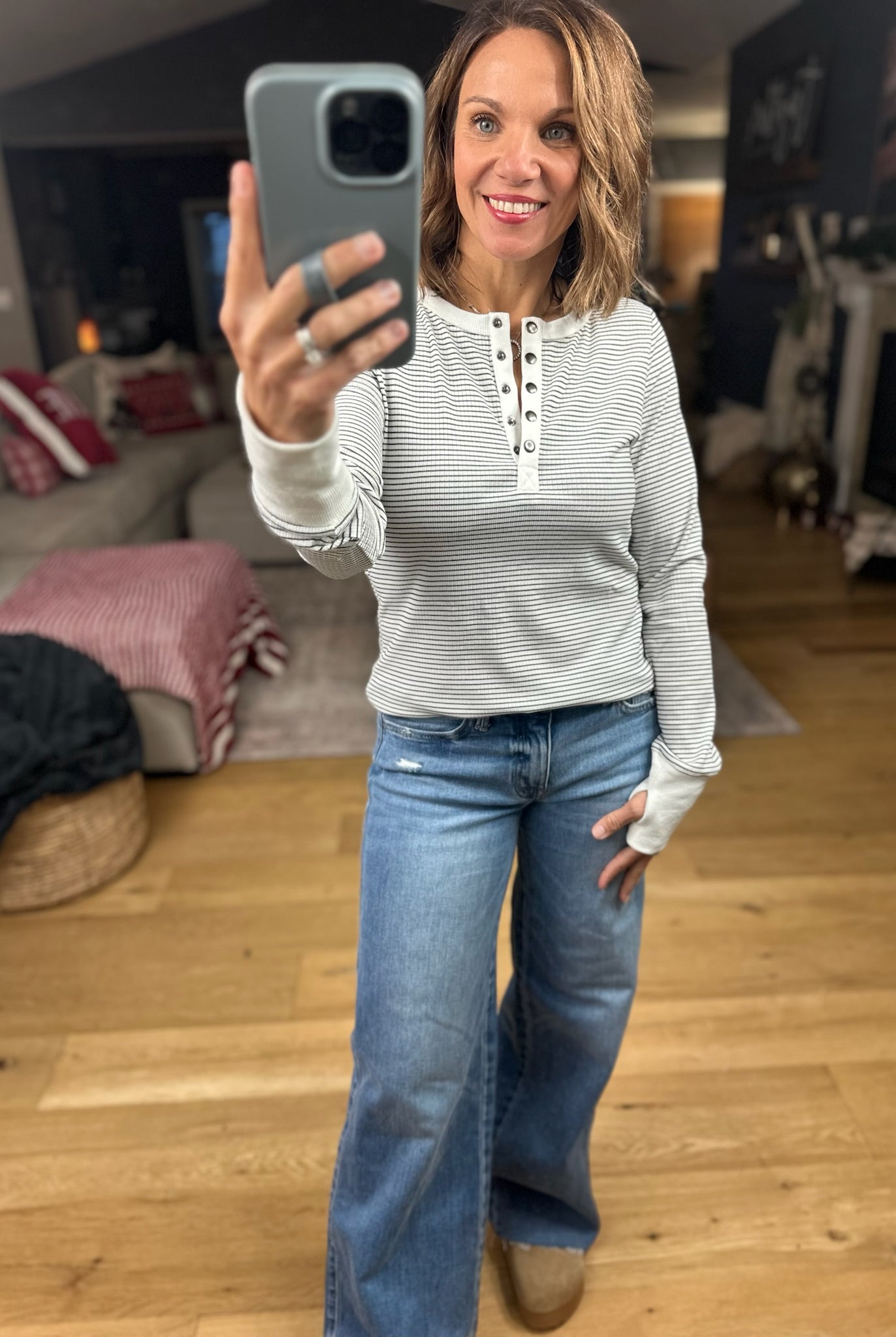 Always About It Ribbed Striped Snap-Detail Long Sleeve-Long Sleeves-Doe & Rae-Anna Kaytes Boutique, Women's Fashion Boutique in Grinnell, Iowa