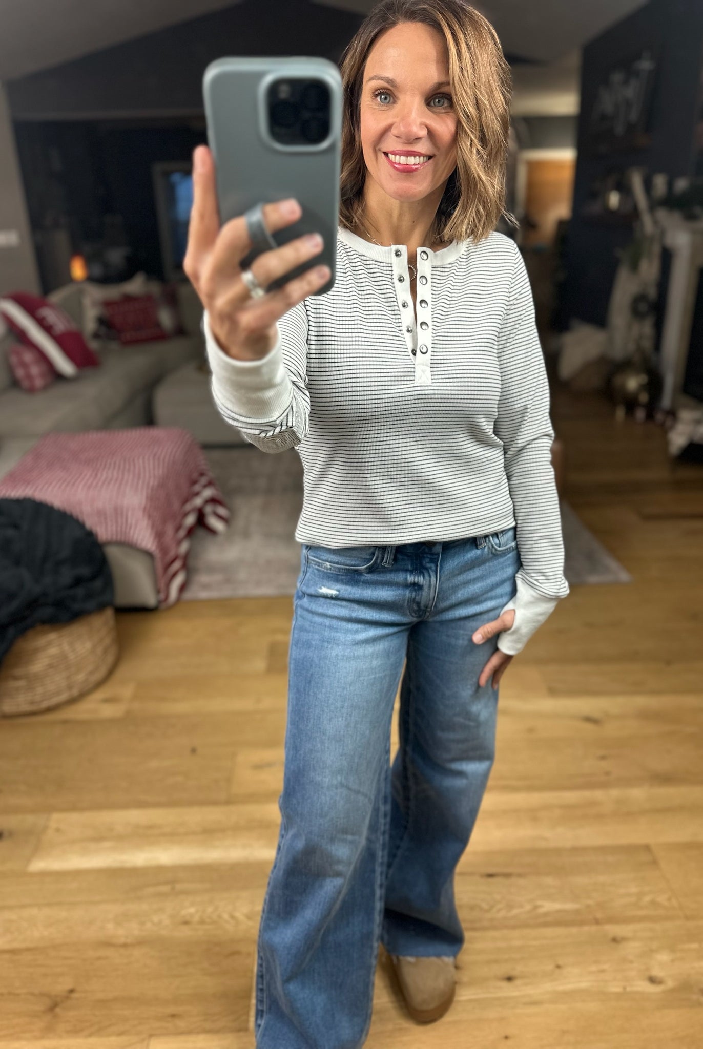 Always About It Ribbed Striped Snap-Detail Long Sleeve-Long Sleeves-Doe & Rae-Anna Kaytes Boutique, Women's Fashion Boutique in Grinnell, Iowa