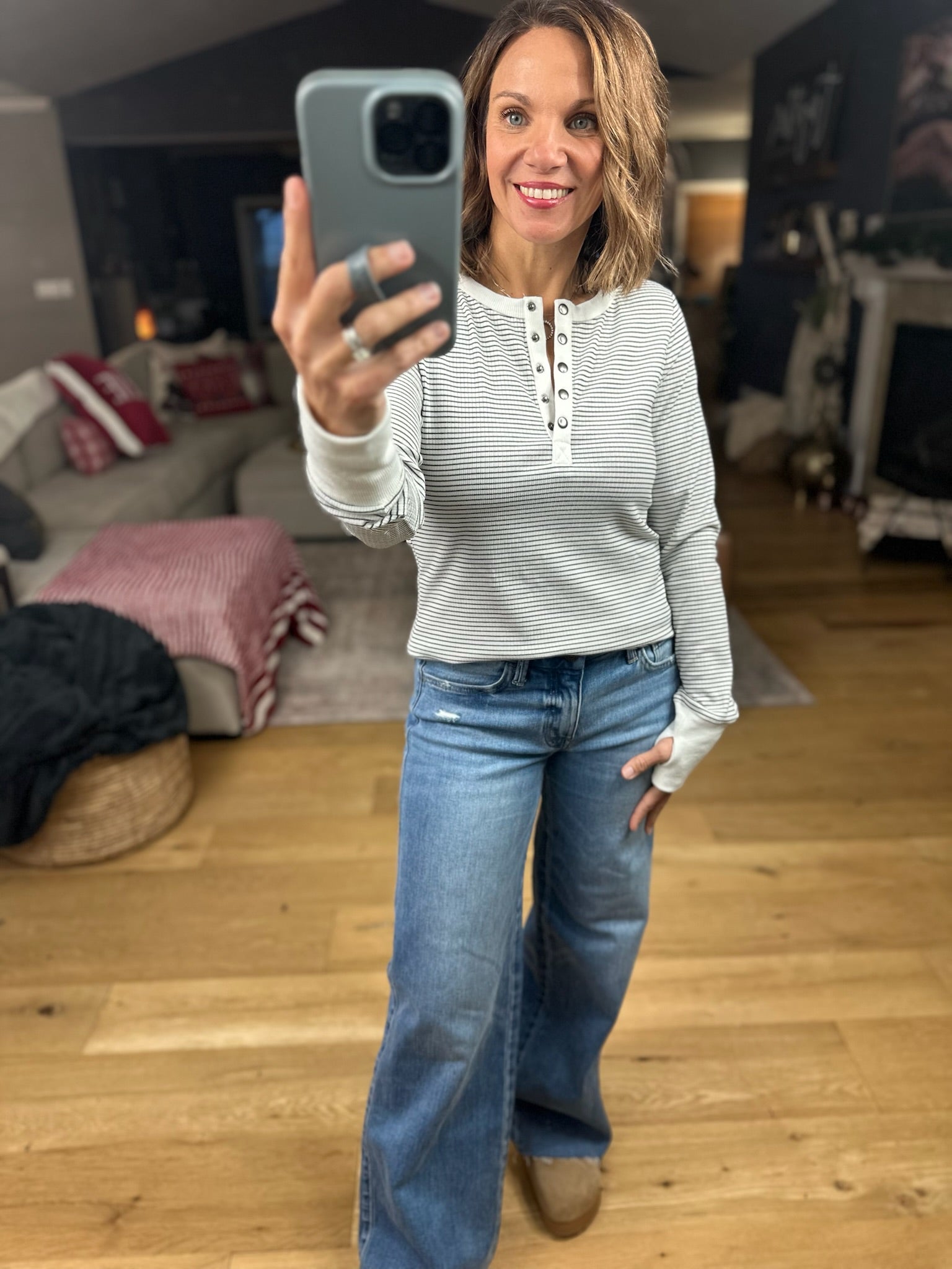 Always About It Ribbed Striped Snap-Detail Long Sleeve-Long Sleeves-Doe & Rae-Anna Kaytes Boutique, Women's Fashion Boutique in Grinnell, Iowa