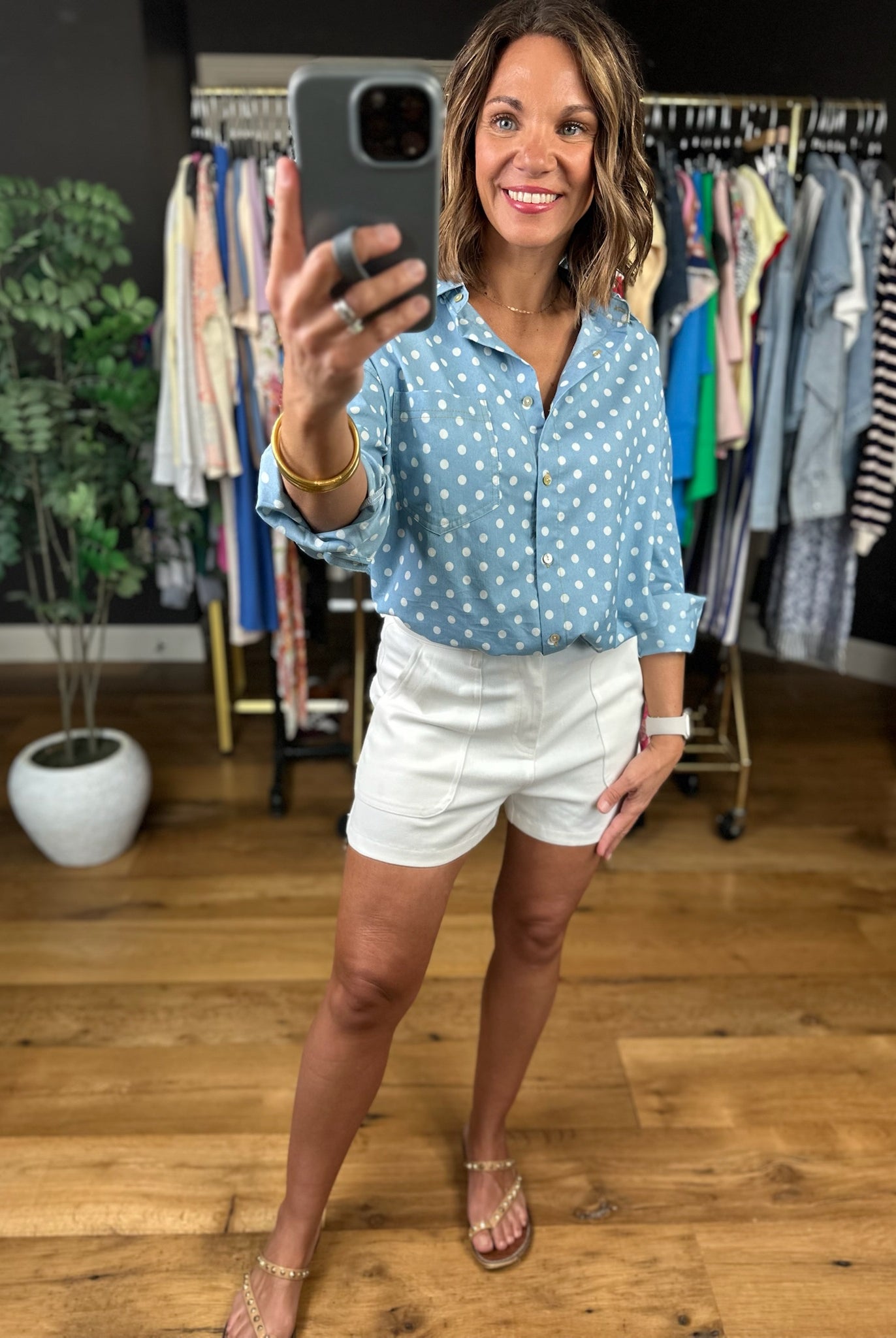 Come My Way Polka Dot Denim Top-Long Sleeves-Vine & Love-Anna Kaytes Boutique, Women's Fashion Boutique in Grinnell, Iowa