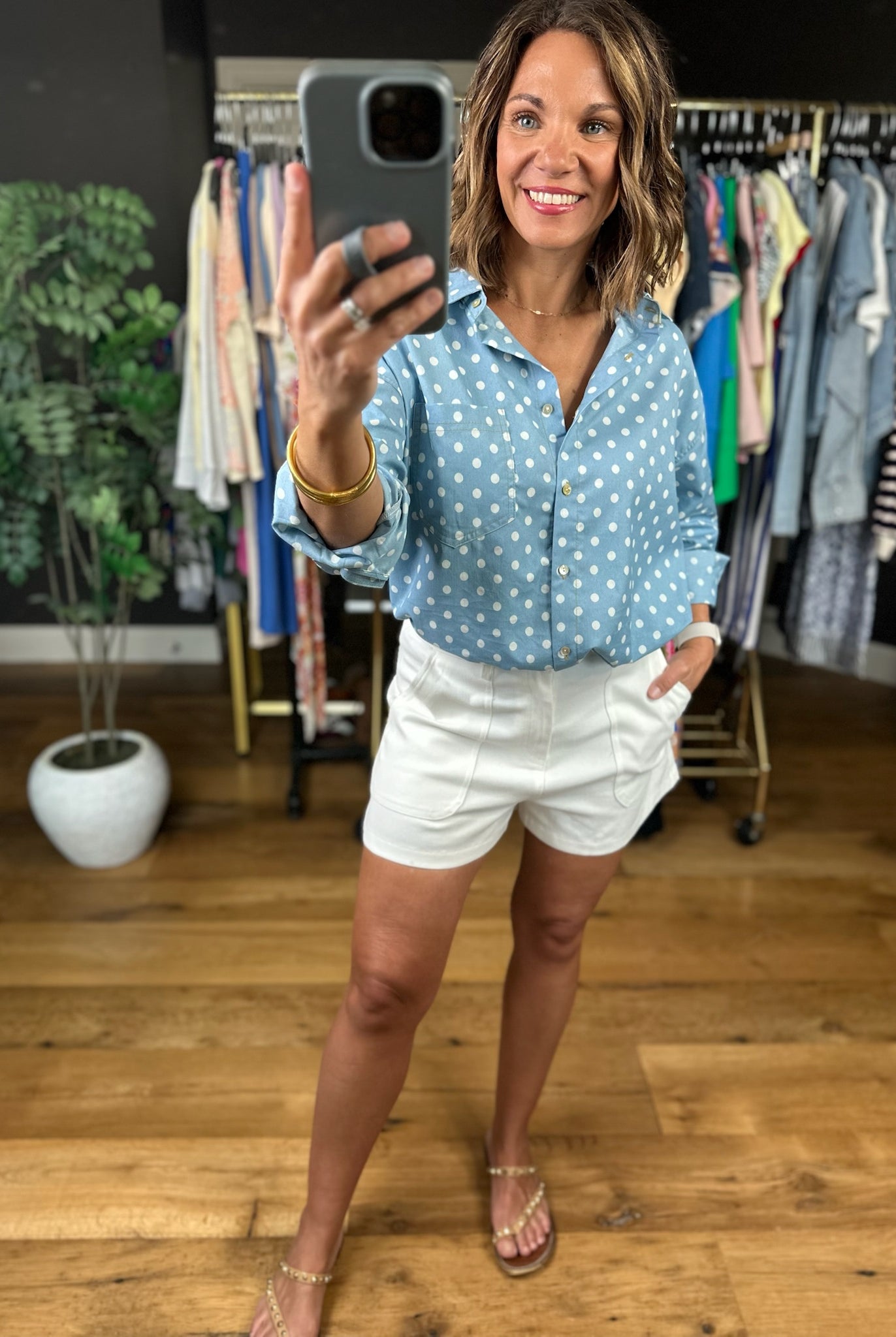 Come My Way Polka Dot Denim Top-Long Sleeves-Vine & Love-Anna Kaytes Boutique, Women's Fashion Boutique in Grinnell, Iowa
