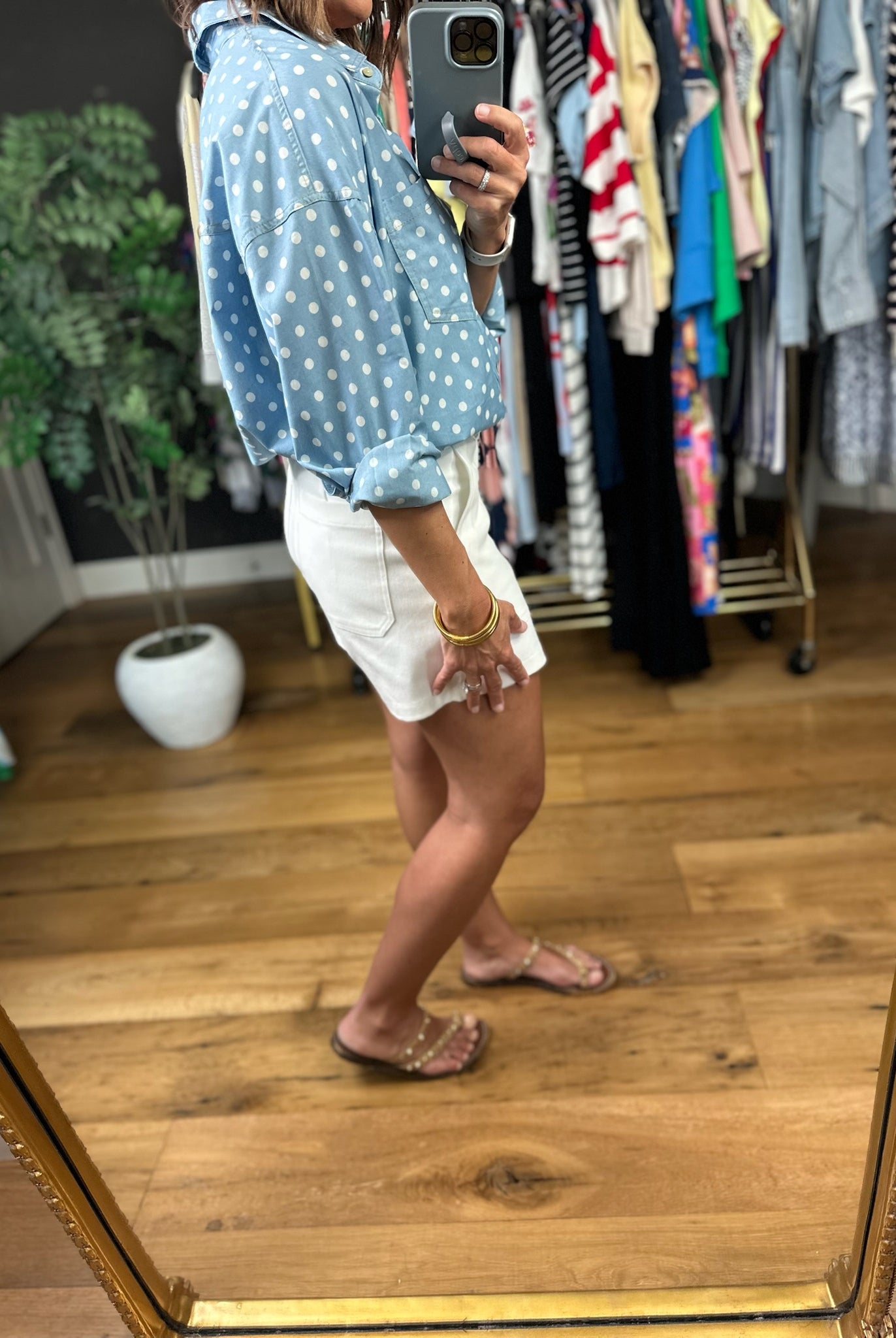 Come My Way Polka Dot Denim Top-Long Sleeves-Vine & Love-Anna Kaytes Boutique, Women's Fashion Boutique in Grinnell, Iowa