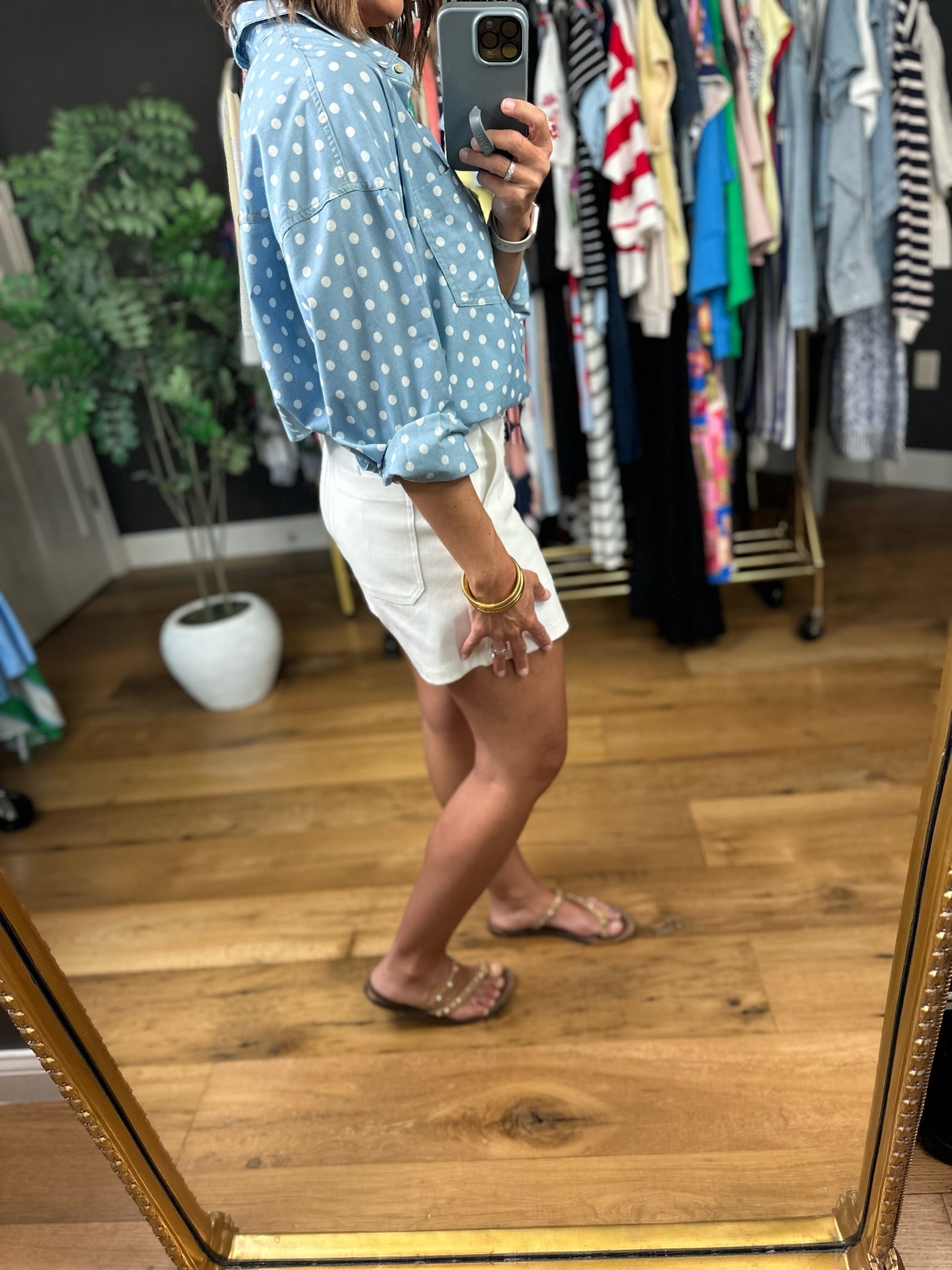 Come My Way Polka Dot Denim Top-Long Sleeves-Vine & Love-Anna Kaytes Boutique, Women's Fashion Boutique in Grinnell, Iowa