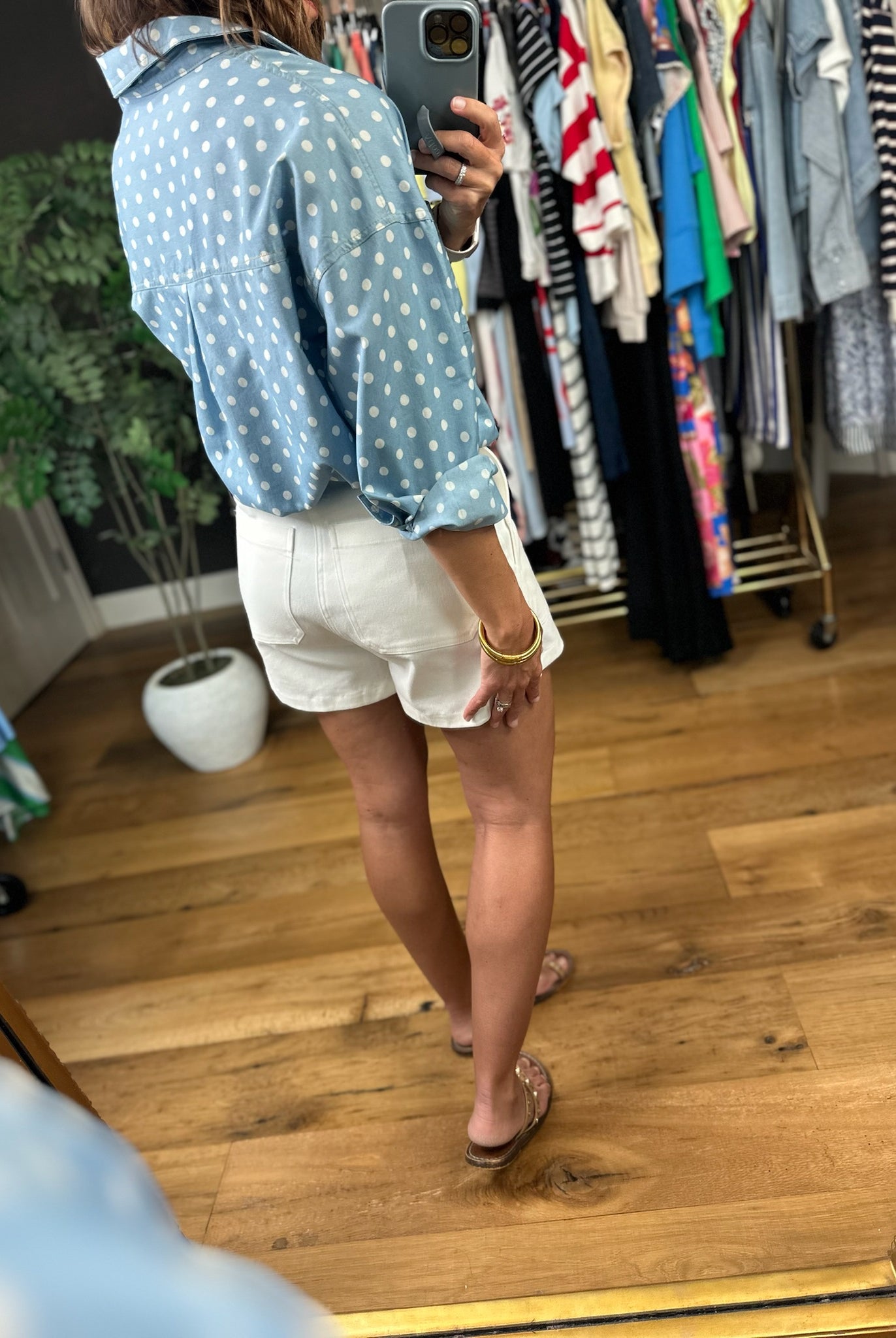 Come My Way Polka Dot Denim Top-Long Sleeves-Vine & Love-Anna Kaytes Boutique, Women's Fashion Boutique in Grinnell, Iowa