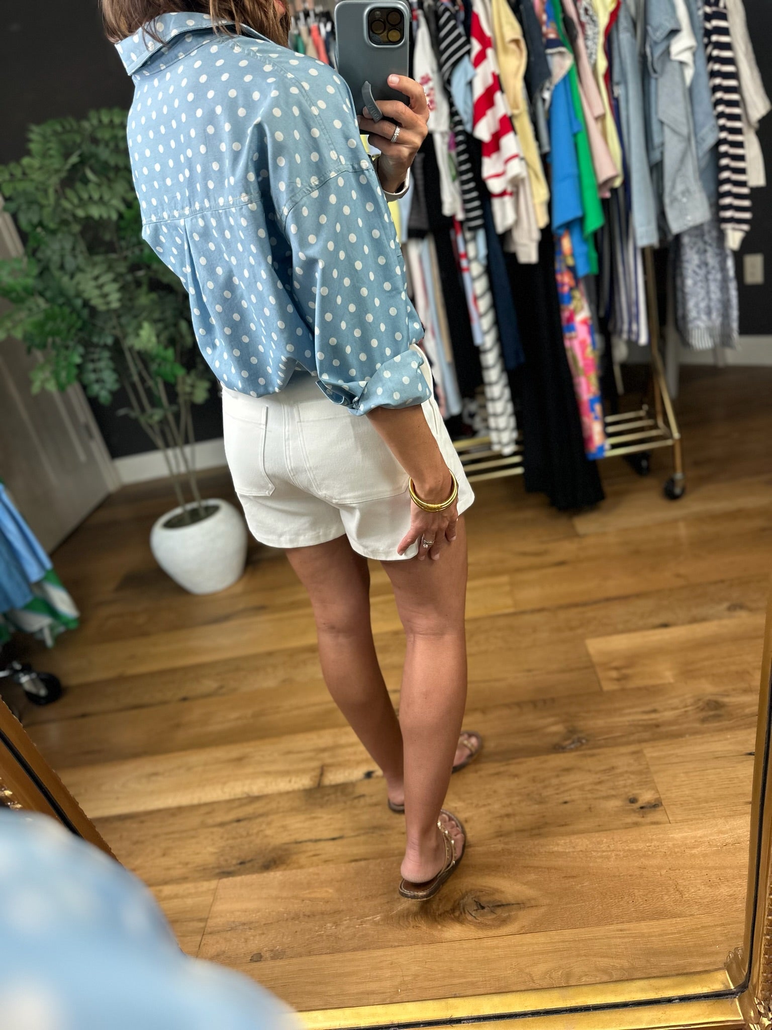 Come My Way Polka Dot Denim Top-Long Sleeves-Vine & Love-Anna Kaytes Boutique, Women's Fashion Boutique in Grinnell, Iowa