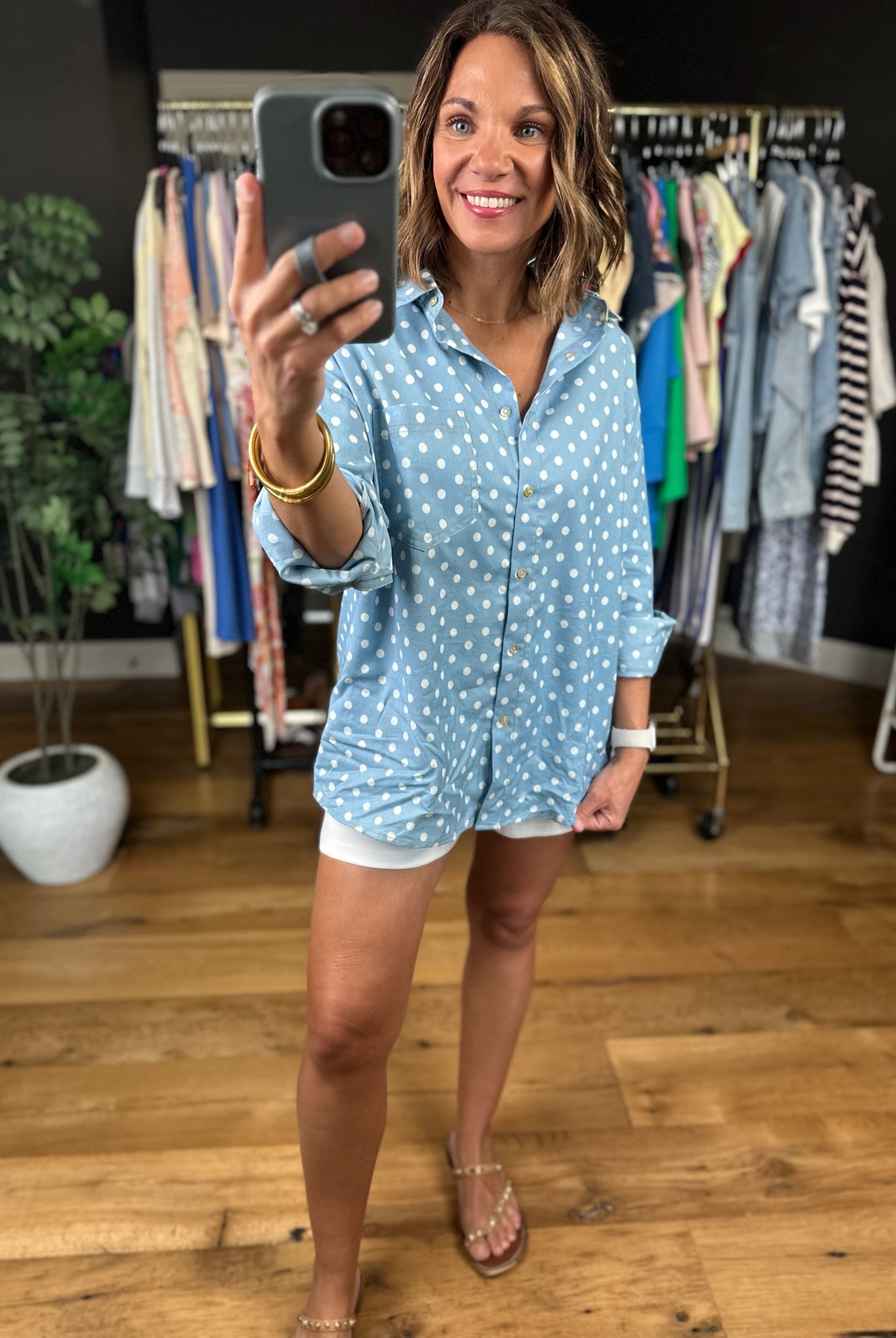 Come My Way Polka Dot Denim Top-Long Sleeves-Vine & Love-Anna Kaytes Boutique, Women's Fashion Boutique in Grinnell, Iowa