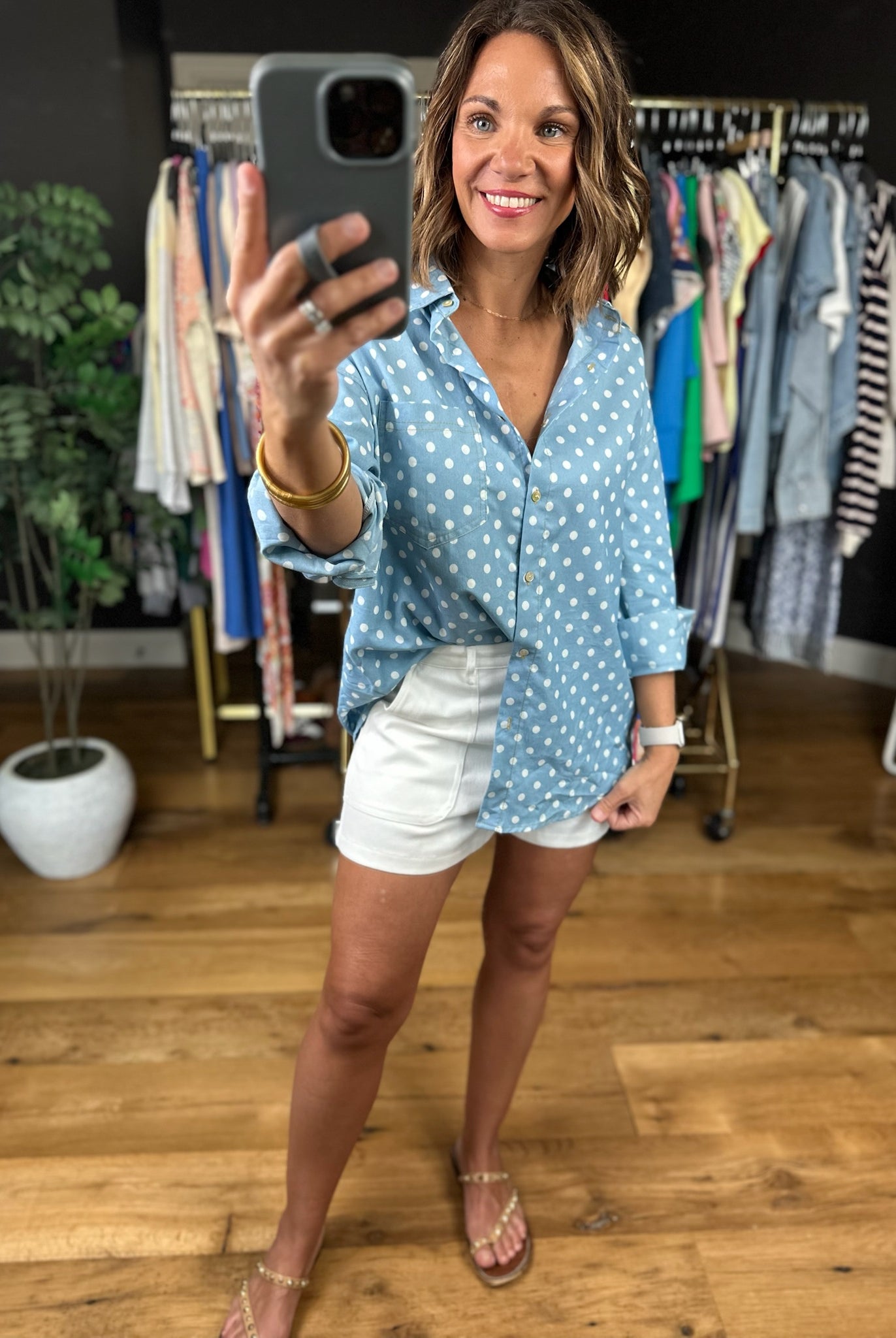 Come My Way Polka Dot Denim Top-Long Sleeves-Vine & Love-Anna Kaytes Boutique, Women's Fashion Boutique in Grinnell, Iowa