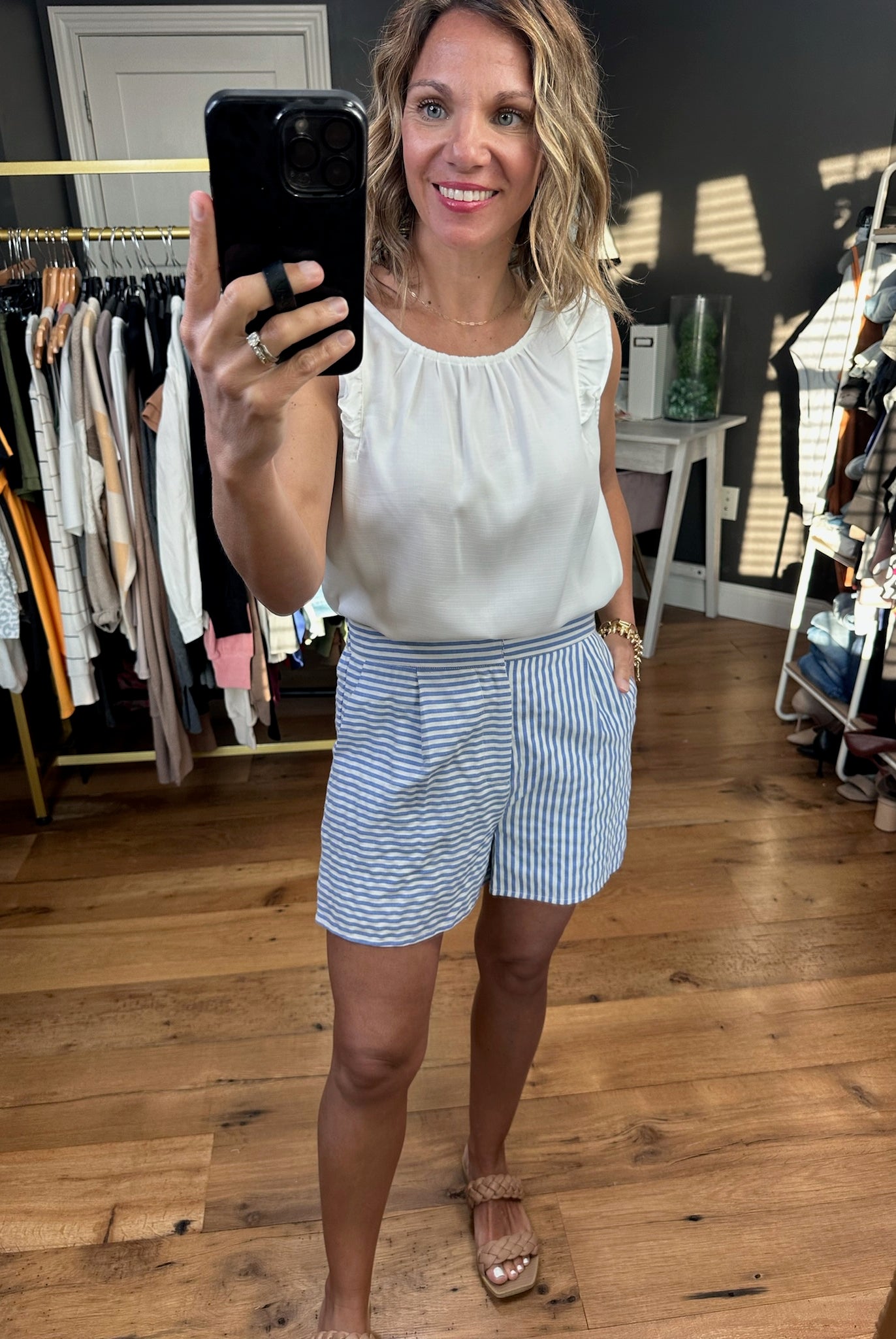 Best Of You High-Waisted Pinstripe Shorts - Blue-Shorts-Entro-Anna Kaytes Boutique, Women's Fashion Boutique in Grinnell, Iowa