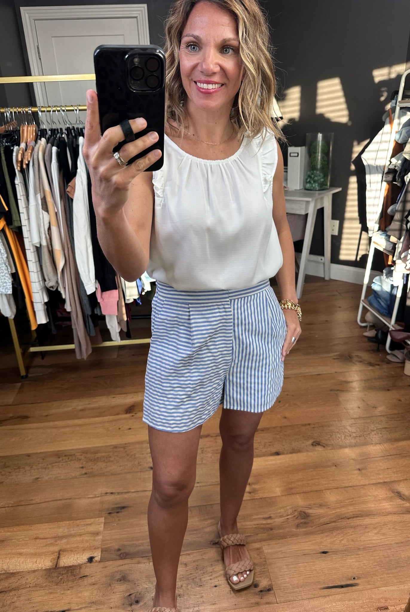 Best Of You High-Waisted Pinstripe Shorts - Blue-Shorts-Entro-Anna Kaytes Boutique, Women's Fashion Boutique in Grinnell, Iowa