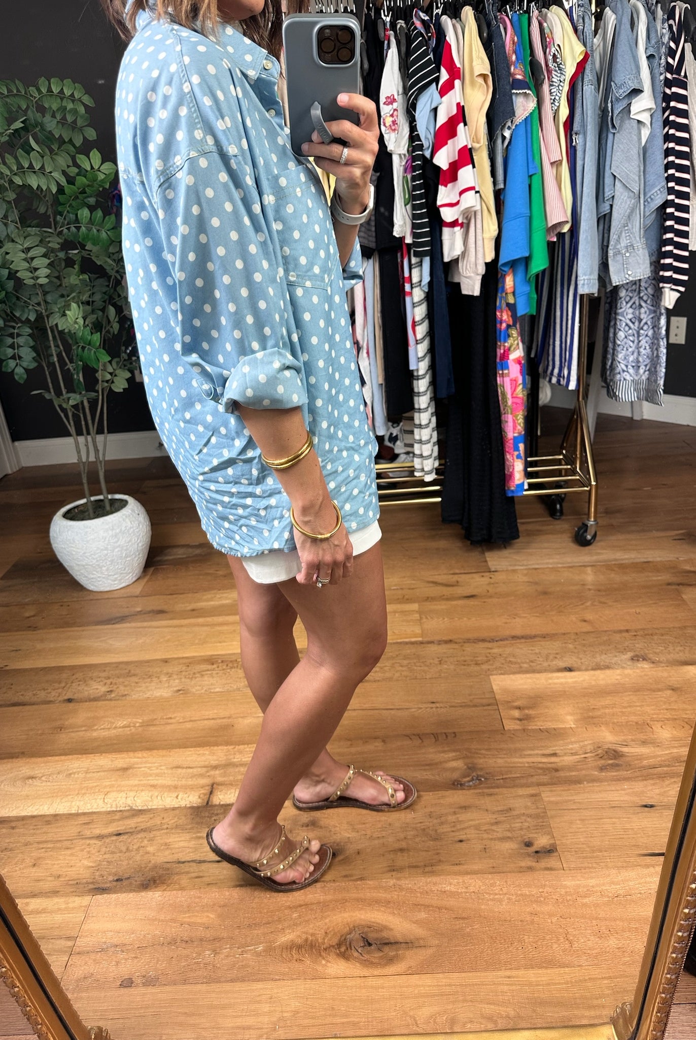 Come My Way Polka Dot Denim Top-Long Sleeves-Vine & Love-Anna Kaytes Boutique, Women's Fashion Boutique in Grinnell, Iowa