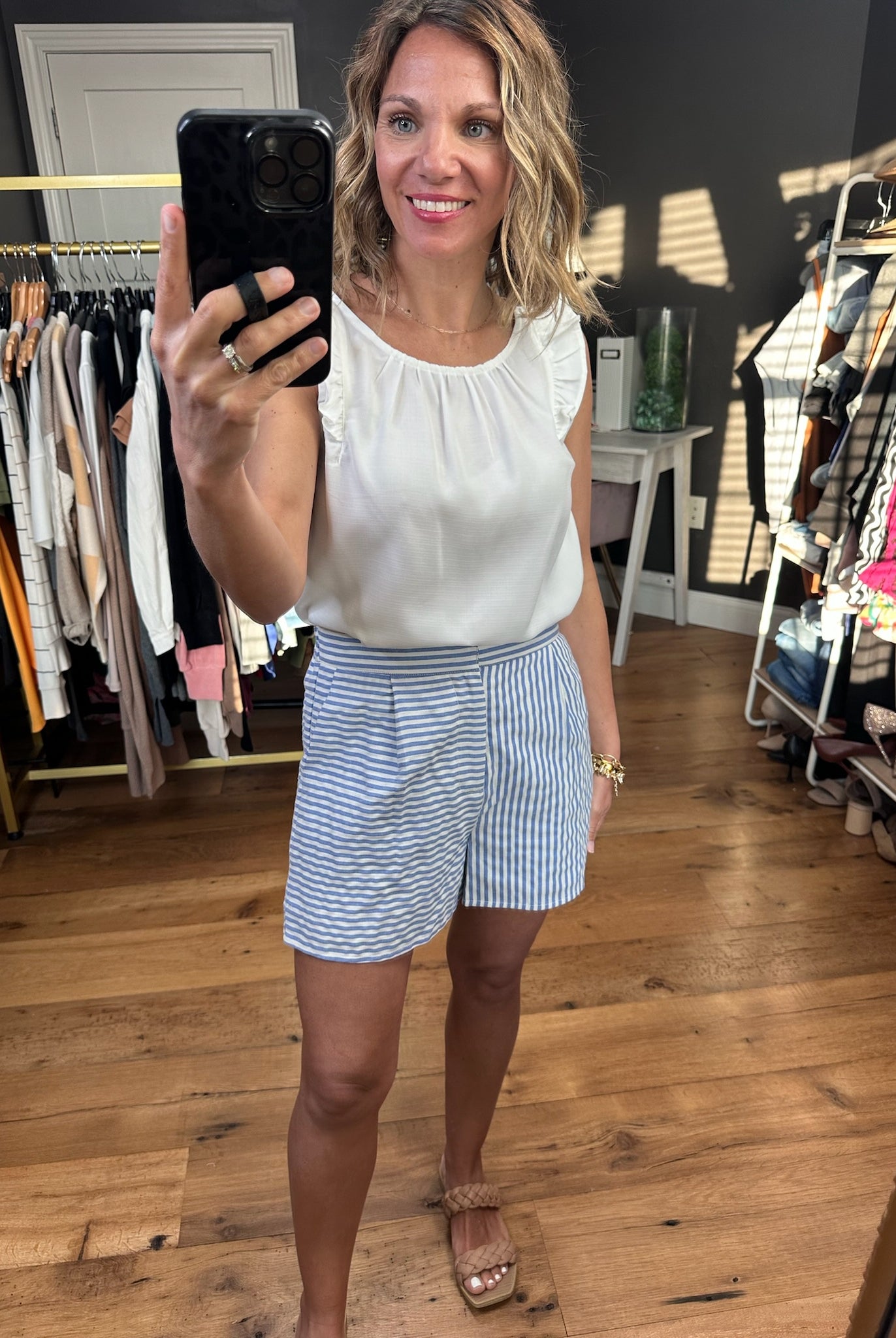 Best Of You High-Waisted Pinstripe Shorts - Blue-Shorts-Entro-Anna Kaytes Boutique, Women's Fashion Boutique in Grinnell, Iowa