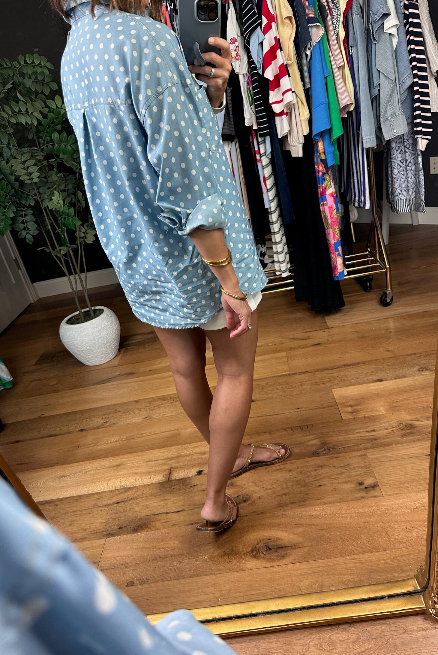Come My Way Polka Dot Denim Top-Long Sleeves-Vine & Love-Anna Kaytes Boutique, Women's Fashion Boutique in Grinnell, Iowa