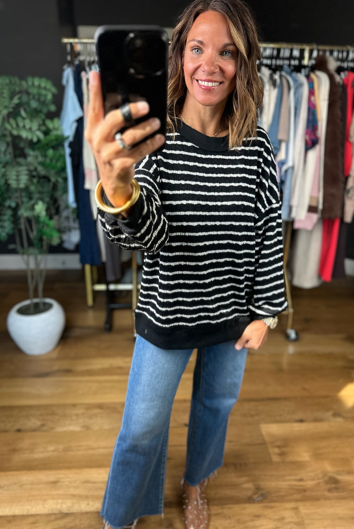 True Reflection Textured Striped Crewneck-Sweaters-Umgee-Anna Kaytes Boutique, Women's Fashion Boutique in Grinnell, Iowa