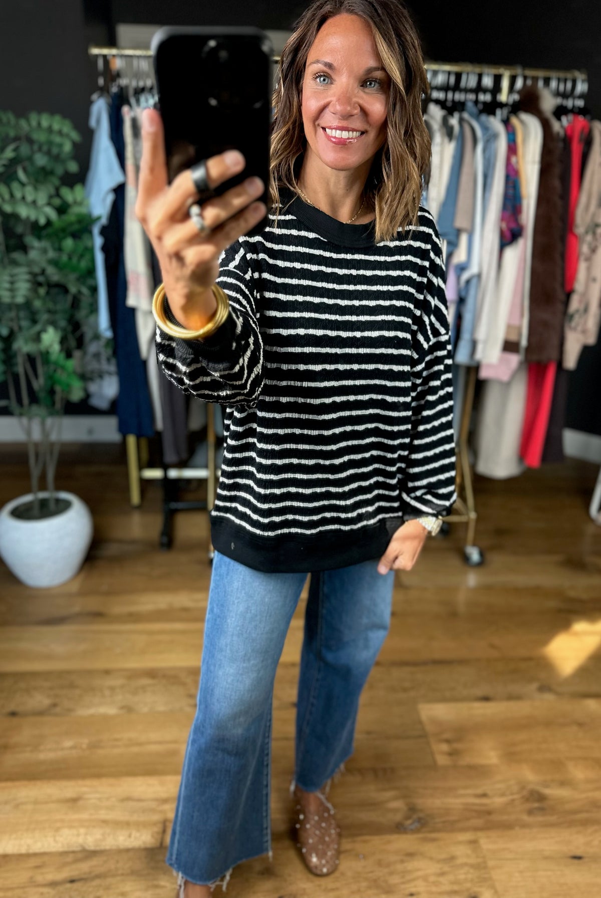 True Reflection Textured Striped Crewneck-Sweaters-Umgee-Anna Kaytes Boutique, Women's Fashion Boutique in Grinnell, Iowa