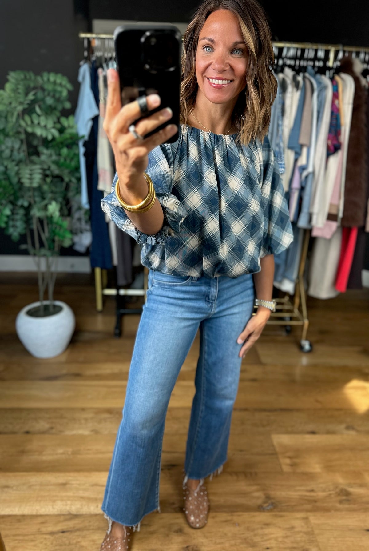 Chosen One Bubble-Hem Plaid Top-Short Sleeves-THML-Anna Kaytes Boutique, Women's Fashion Boutique in Grinnell, Iowa