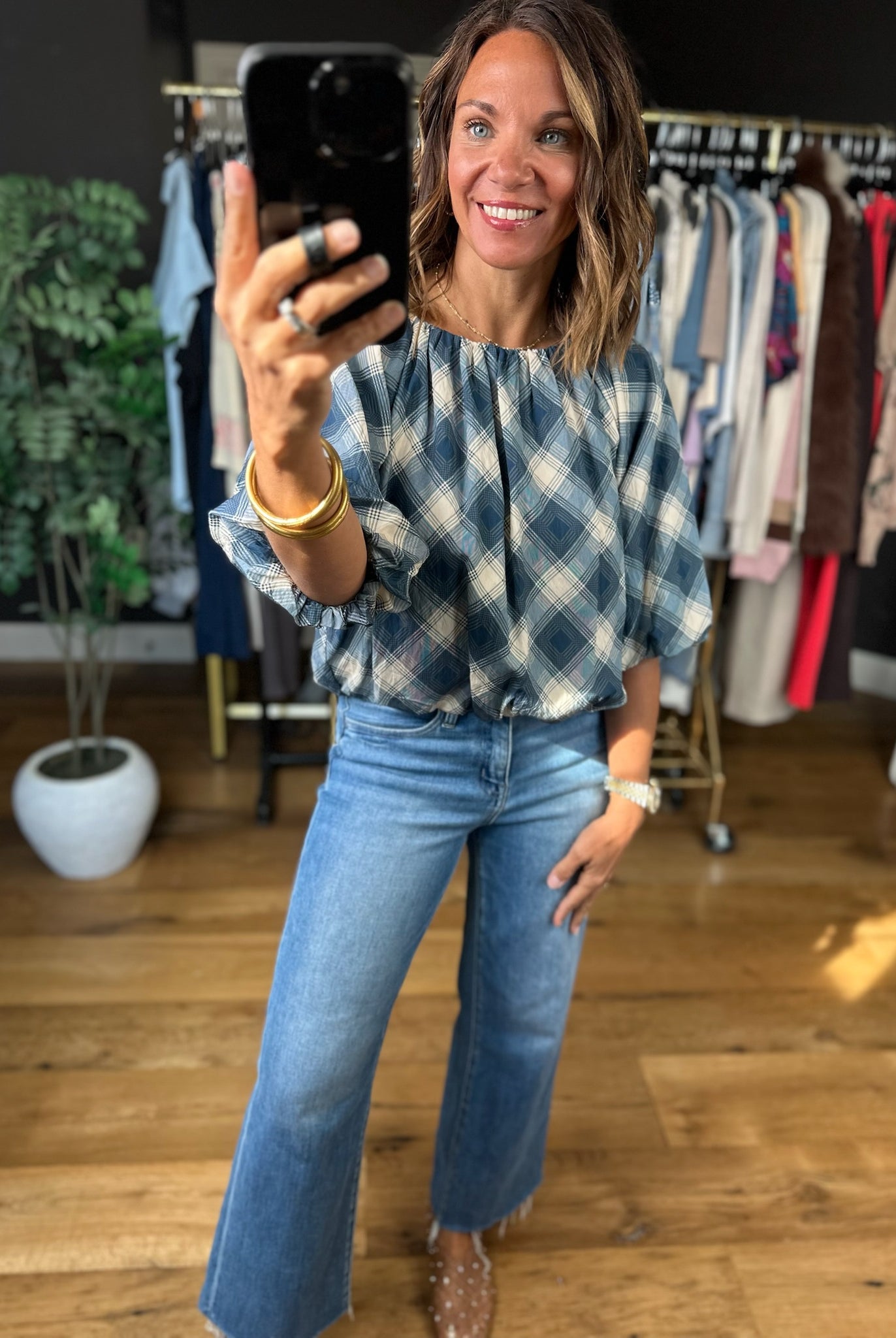 Chosen One Bubble-Hem Plaid Top-Short Sleeves-THML-Anna Kaytes Boutique, Women's Fashion Boutique in Grinnell, Iowa