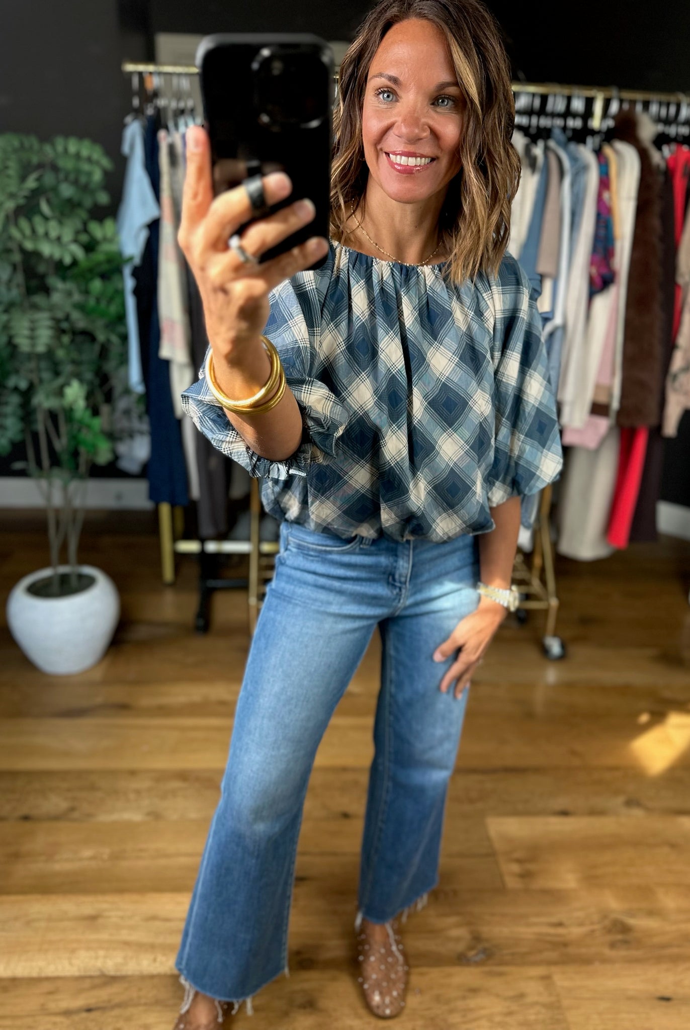 Chosen One Bubble-Hem Plaid Top-Short Sleeves-THML-Anna Kaytes Boutique, Women's Fashion Boutique in Grinnell, Iowa