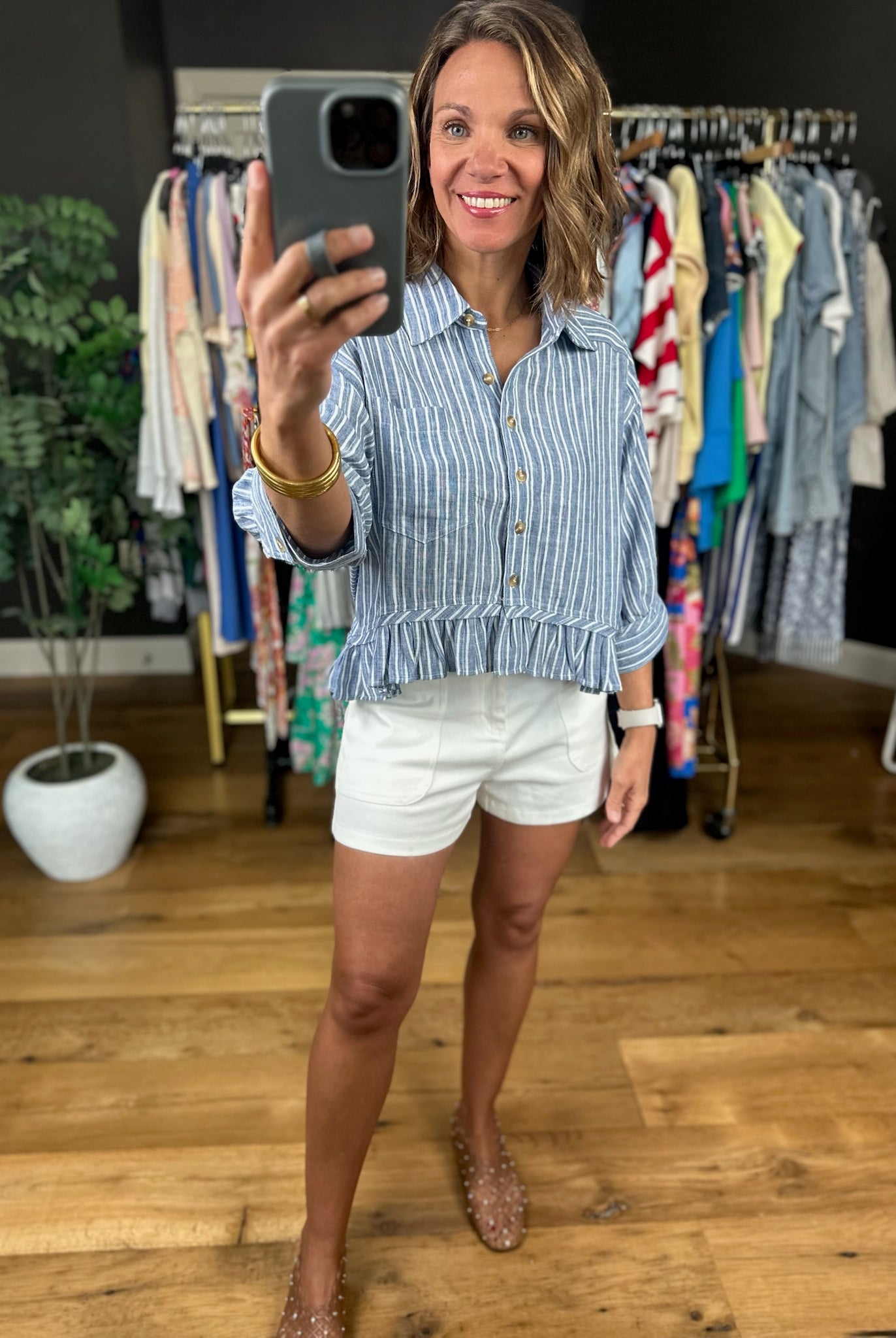 Want To Be Here Peplum Button-Down Top-Short Sleeves-ee:some-Anna Kaytes Boutique, Women's Fashion Boutique in Grinnell, Iowa
