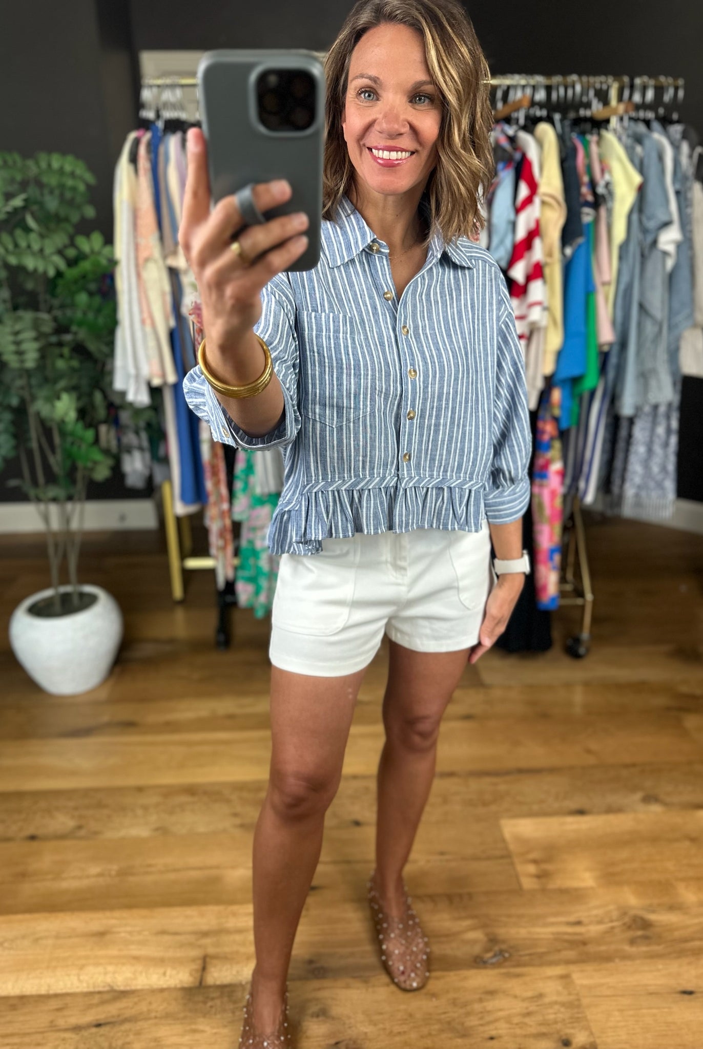 Want To Be Here Peplum Button-Down Top-Short Sleeves-ee:some-Anna Kaytes Boutique, Women's Fashion Boutique in Grinnell, Iowa