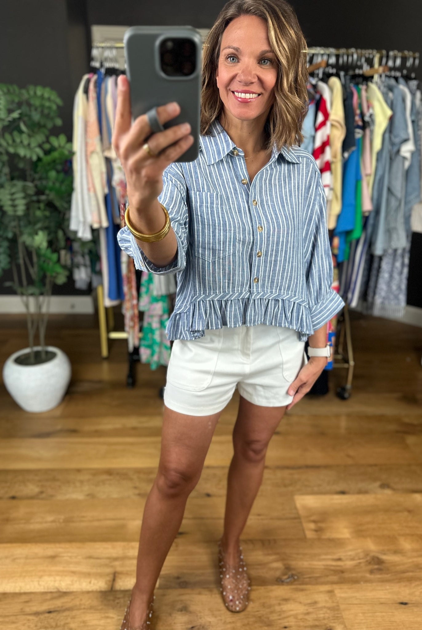 Want To Be Here Peplum Button-Down Top-Short Sleeves-ee:some-Anna Kaytes Boutique, Women's Fashion Boutique in Grinnell, Iowa