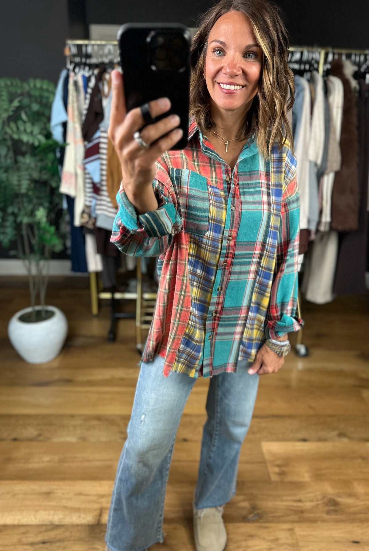High Hopes Plaid Patchwork Button-Down Top-Long Sleeves-Easel-Anna Kaytes Boutique, Women's Fashion Boutique in Grinnell, Iowa