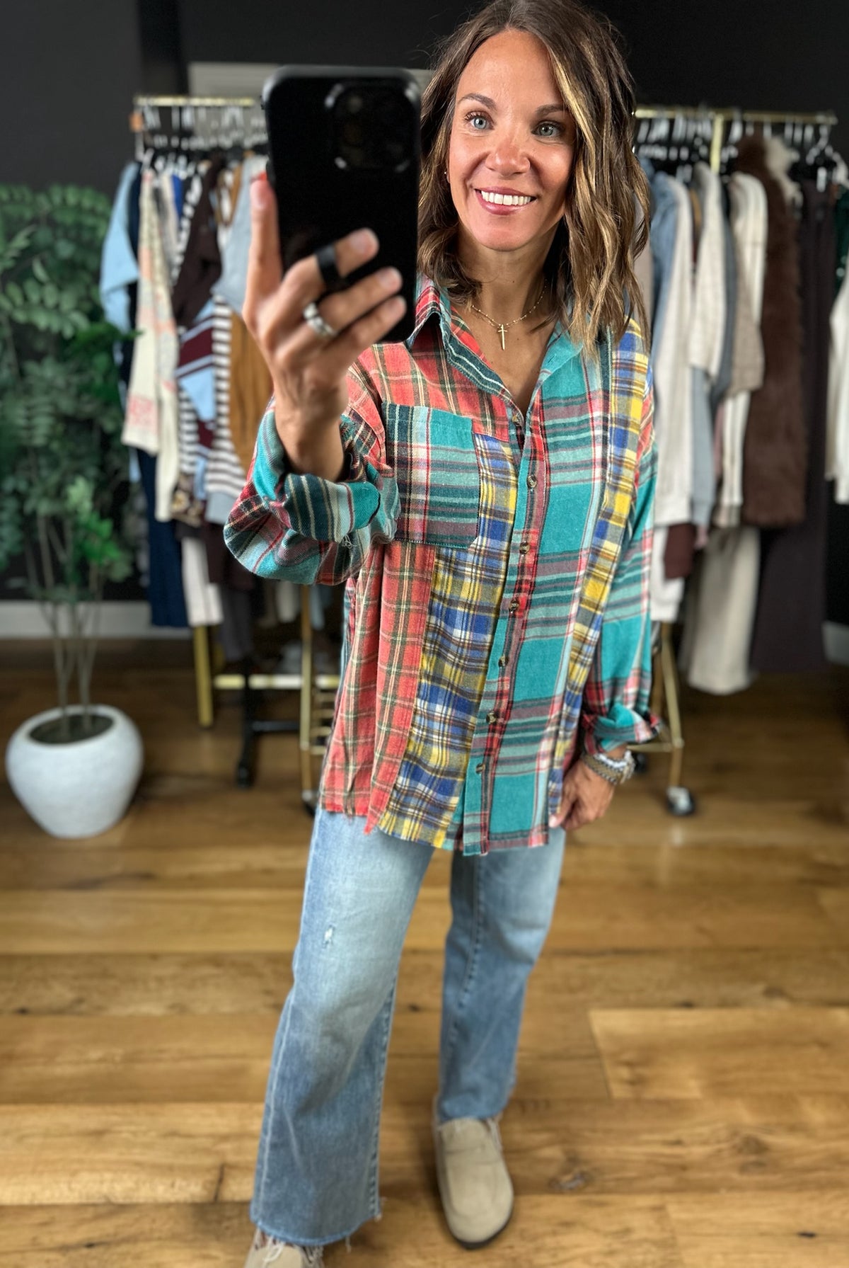 High Hopes Plaid Patchwork Button-Down Top-Long Sleeves-Easel-Anna Kaytes Boutique, Women's Fashion Boutique in Grinnell, Iowa