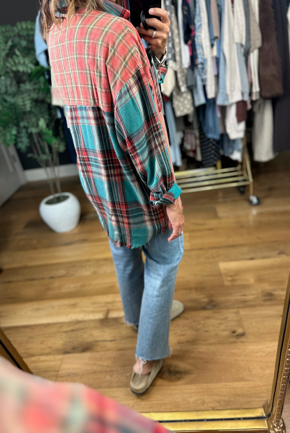 High Hopes Plaid Patchwork Button-Down Top-Long Sleeves-Easel-Anna Kaytes Boutique, Women's Fashion Boutique in Grinnell, Iowa