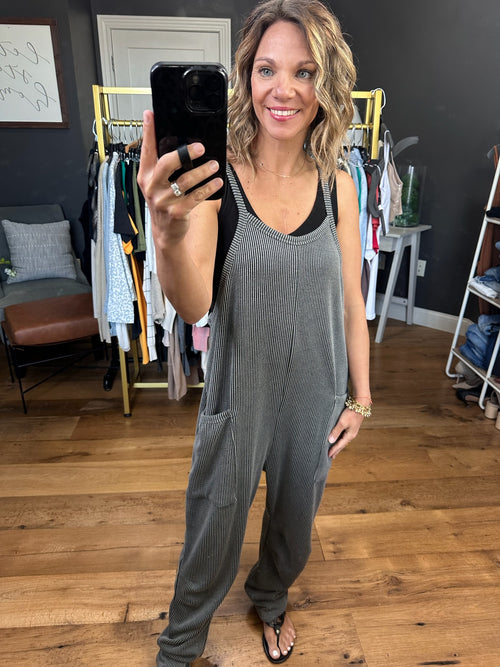 Coming Home Corded Pocket Jumpsuit - Charcoal-Wasabi & Mint WMJ3264-Anna Kaytes Boutique, Women's Fashion Boutique in Grinnell, Iowa