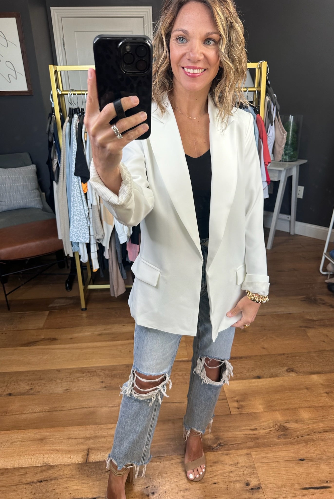 Mean Business Pocket Blazer - Ivory-Blazers-Staccato 32152R-Anna Kaytes Boutique, Women's Fashion Boutique in Grinnell, Iowa