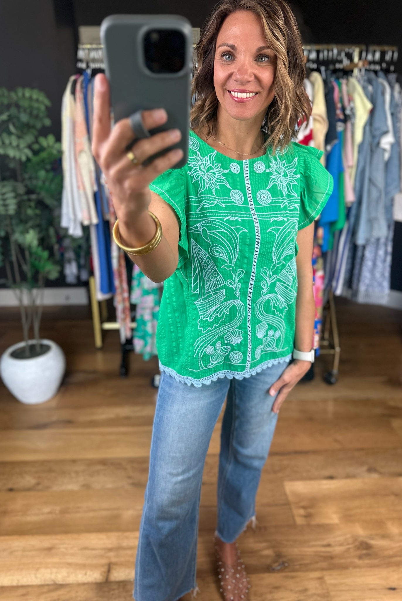 Sail Away Embroidery-Detail Top-Short Sleeves-THML-Anna Kaytes Boutique, Women's Fashion Boutique in Grinnell, Iowa