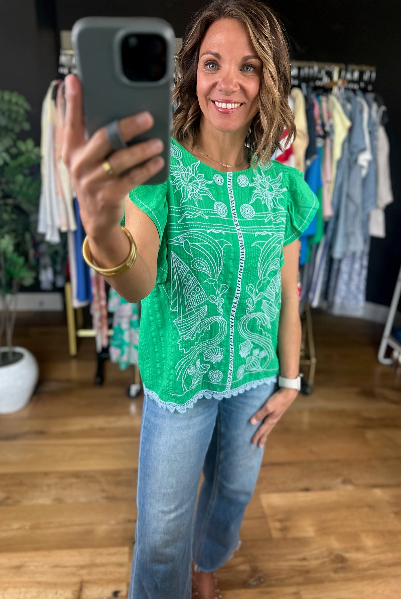Sail Away Embroidery-Detail Top-Short Sleeves-THML-Anna Kaytes Boutique, Women's Fashion Boutique in Grinnell, Iowa