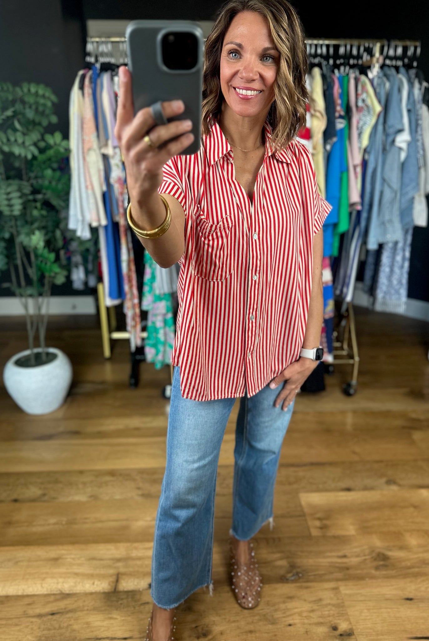 Highly Qualified Striped Button-Down Top-Short Sleeves-Vine & Love-Anna Kaytes Boutique, Women's Fashion Boutique in Grinnell, Iowa