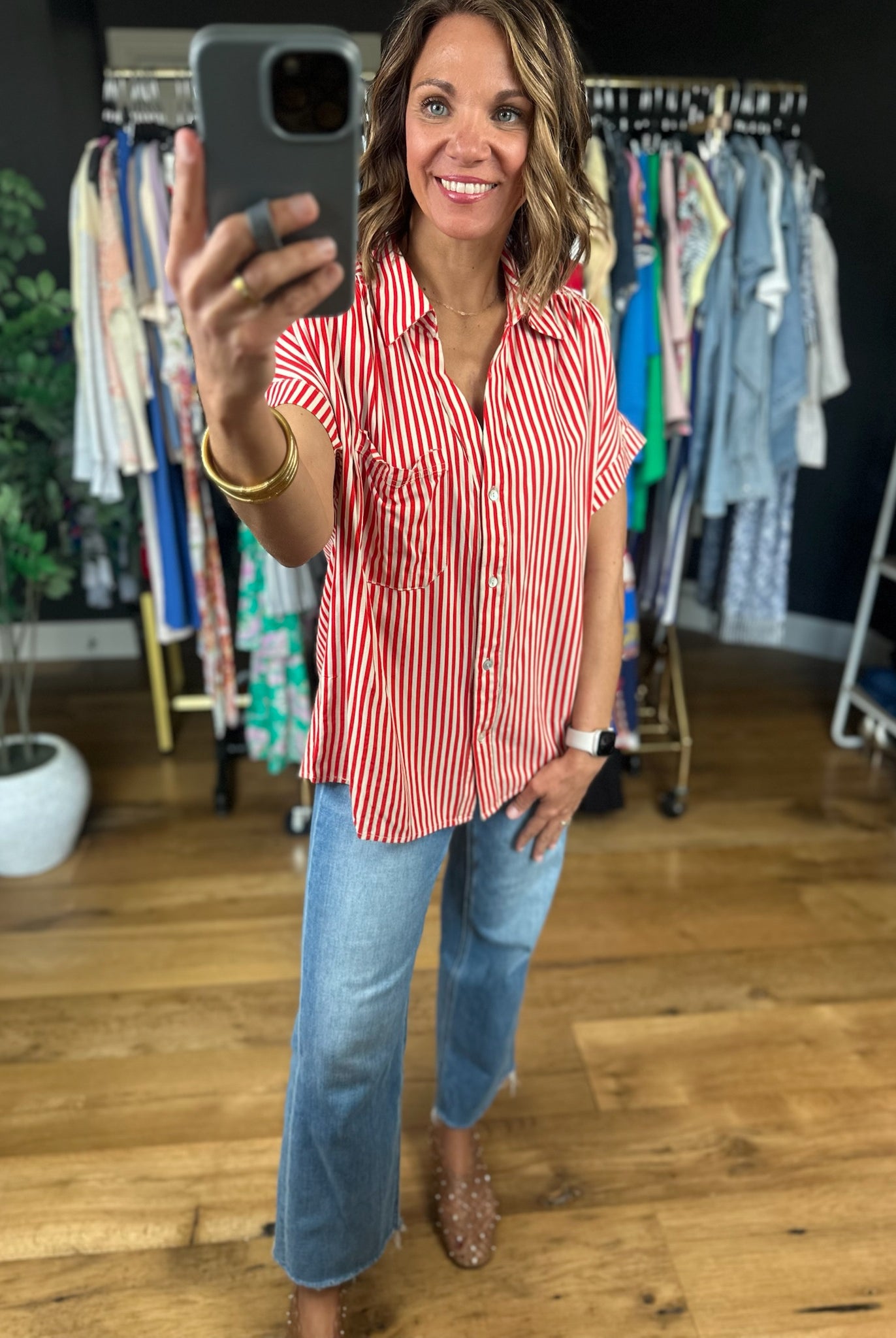 Highly Qualified Striped Button-Down Top-Short Sleeves-Vine & Love-Anna Kaytes Boutique, Women's Fashion Boutique in Grinnell, Iowa