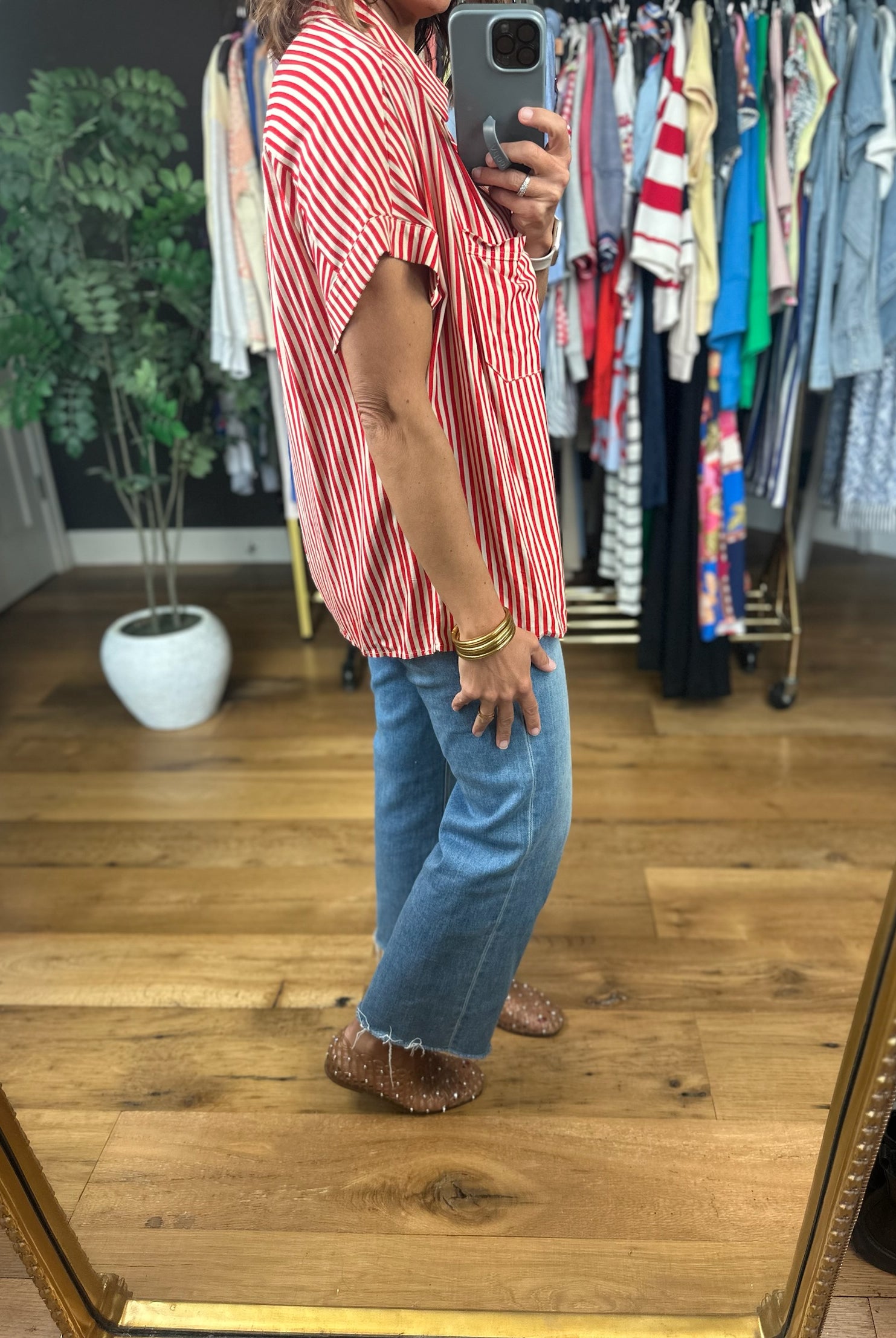 Highly Qualified Striped Button-Down Top-Short Sleeves-Vine & Love-Anna Kaytes Boutique, Women's Fashion Boutique in Grinnell, Iowa