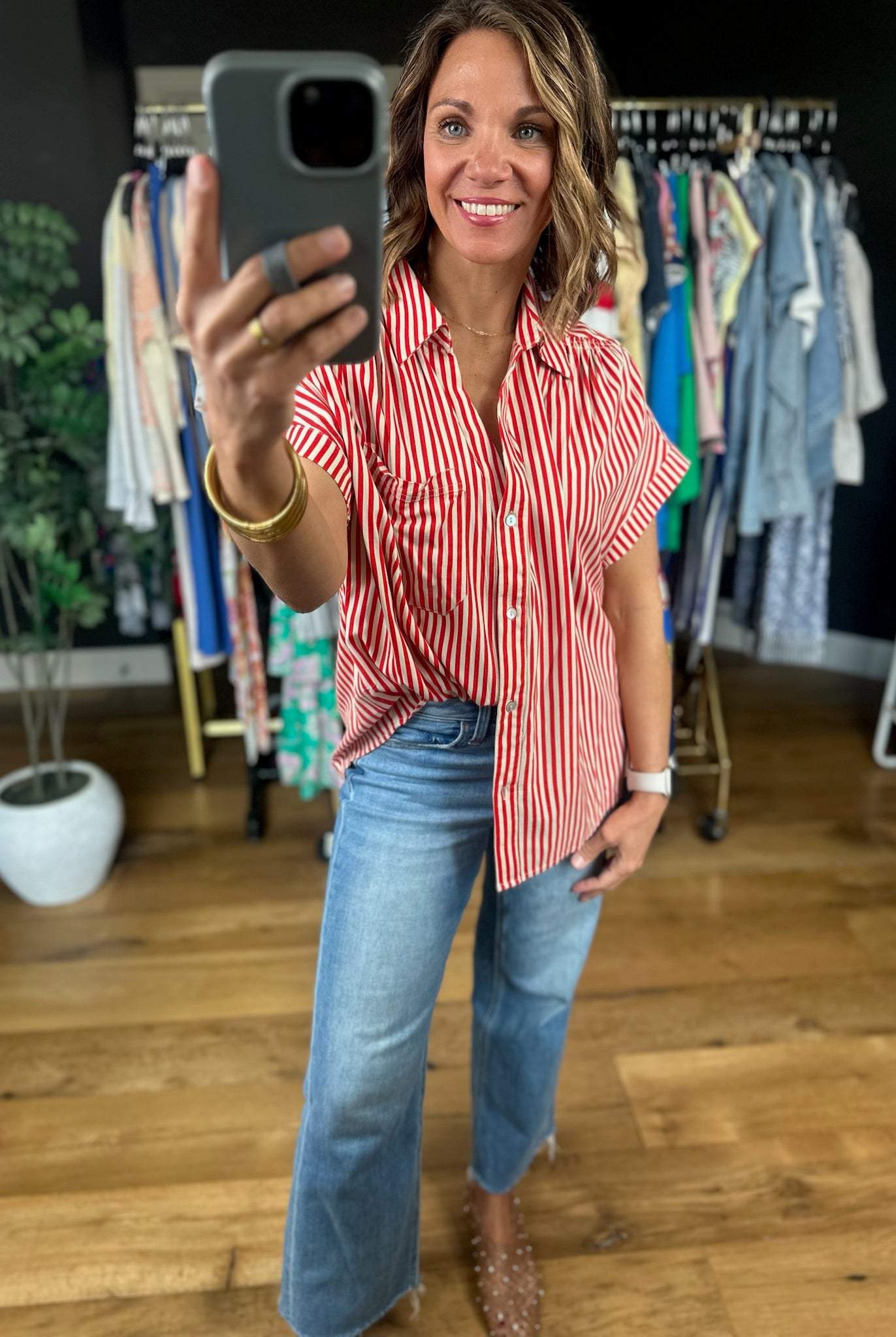 Highly Qualified Striped Button-Down Top-Short Sleeves-Vine & Love-Anna Kaytes Boutique, Women's Fashion Boutique in Grinnell, Iowa