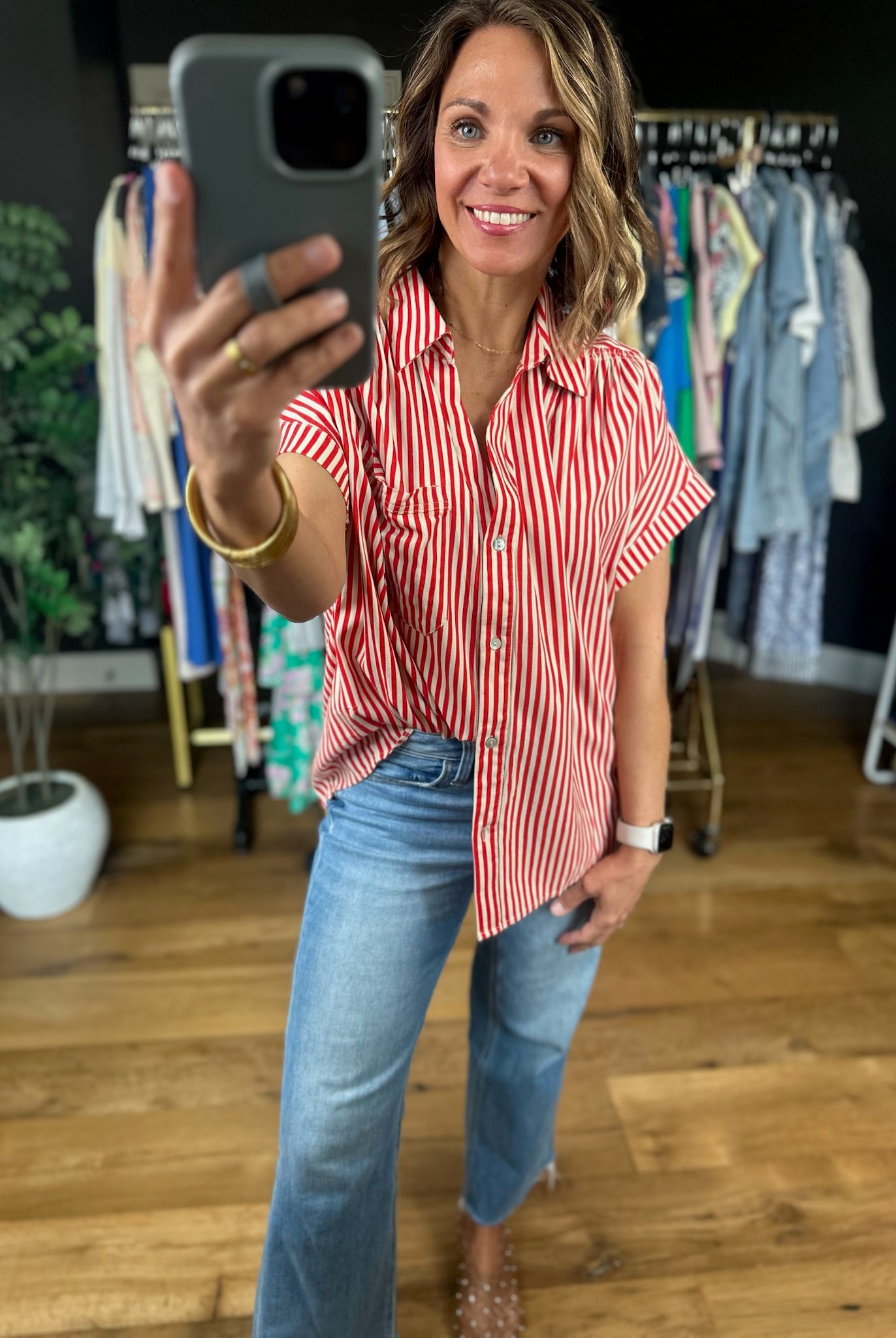 Highly Qualified Striped Button-Down Top-Short Sleeves-Vine & Love-Anna Kaytes Boutique, Women's Fashion Boutique in Grinnell, Iowa