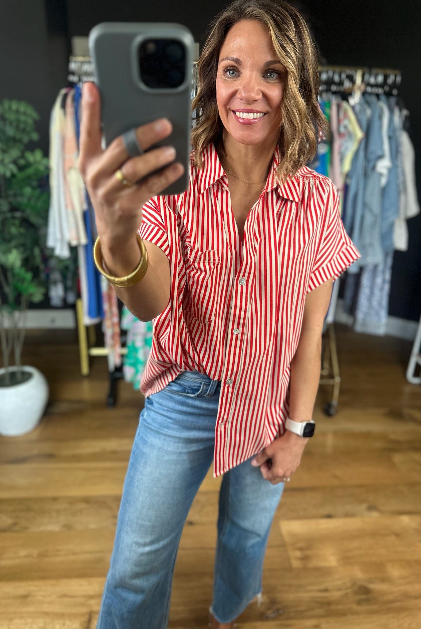 Highly Qualified Striped Button-Down Top-Short Sleeves-Vine & Love-Anna Kaytes Boutique, Women's Fashion Boutique in Grinnell, Iowa