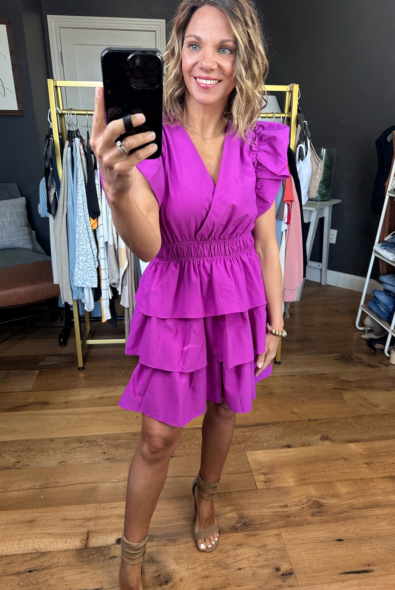 First Time Feeling Tiered Statement Sleeve Dress - Violet-Dresses-Entro-Anna Kaytes Boutique, Women's Fashion Boutique in Grinnell, Iowa