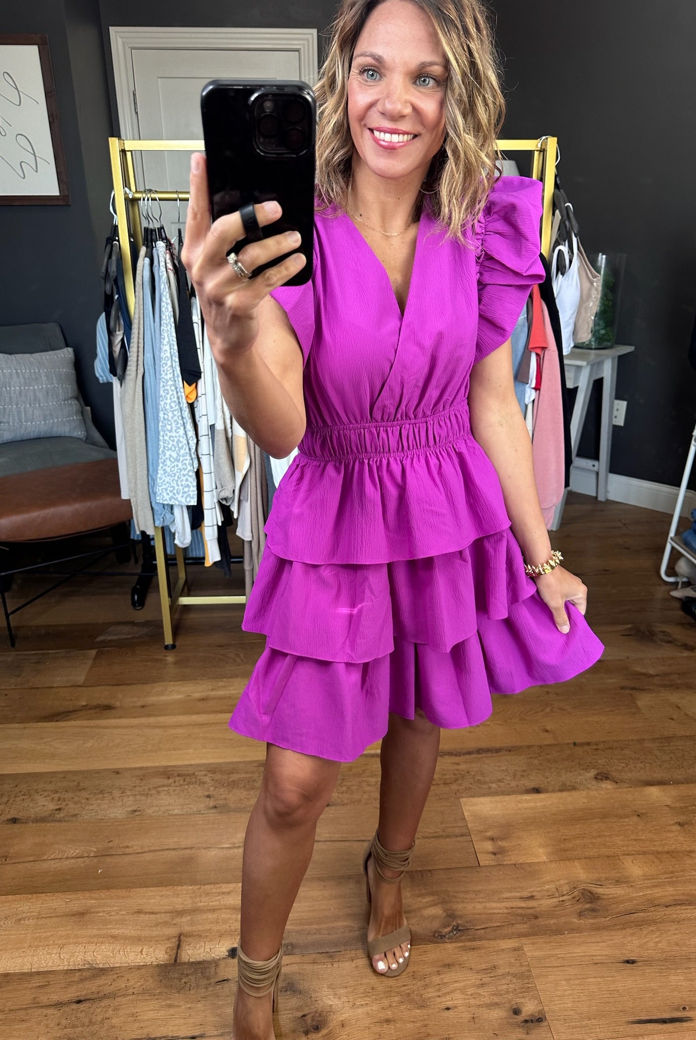 First Time Feeling Tiered Statement Sleeve Dress - Violet-Dresses-Entro-Anna Kaytes Boutique, Women's Fashion Boutique in Grinnell, Iowa