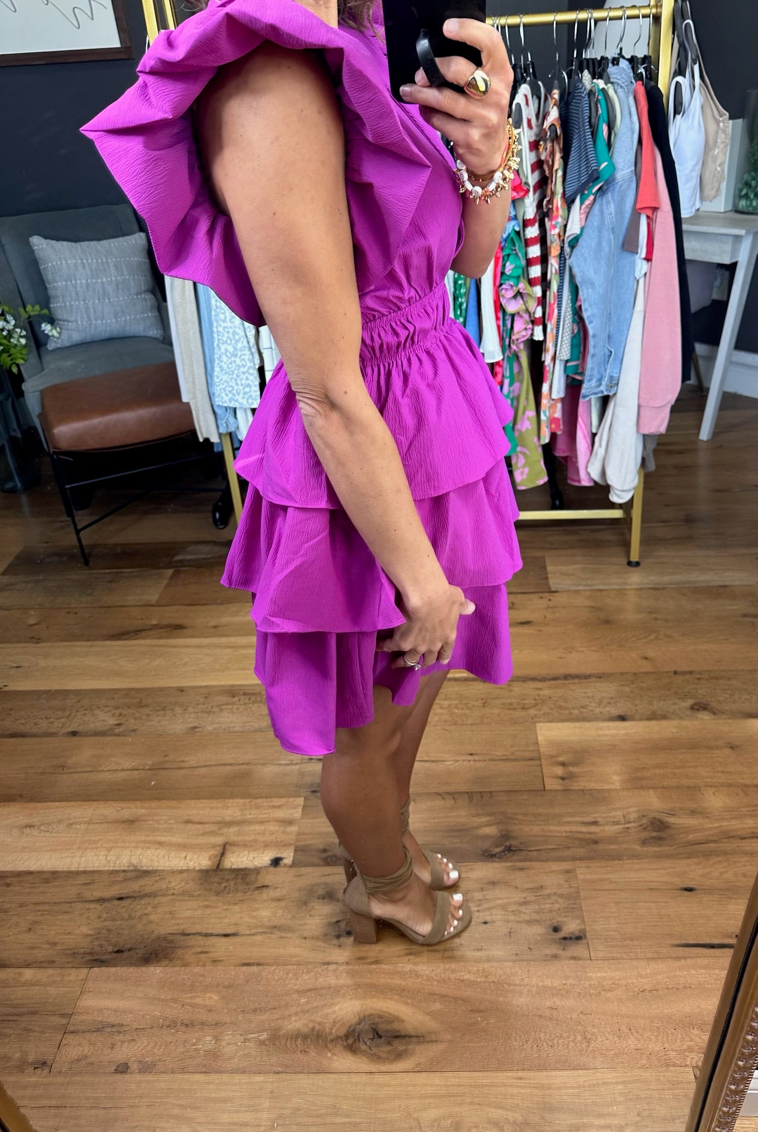 First Time Feeling Tiered Statement Sleeve Dress - Violet-Dresses-Entro-Anna Kaytes Boutique, Women's Fashion Boutique in Grinnell, Iowa