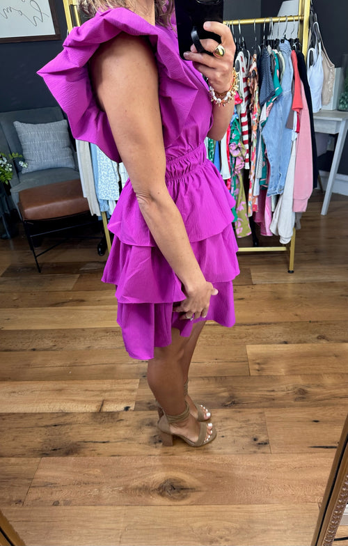 First Time Feeling Tiered Statement Sleeve Dress - Violet-Entro-Anna Kaytes Boutique, Women's Fashion Boutique in Grinnell, Iowa