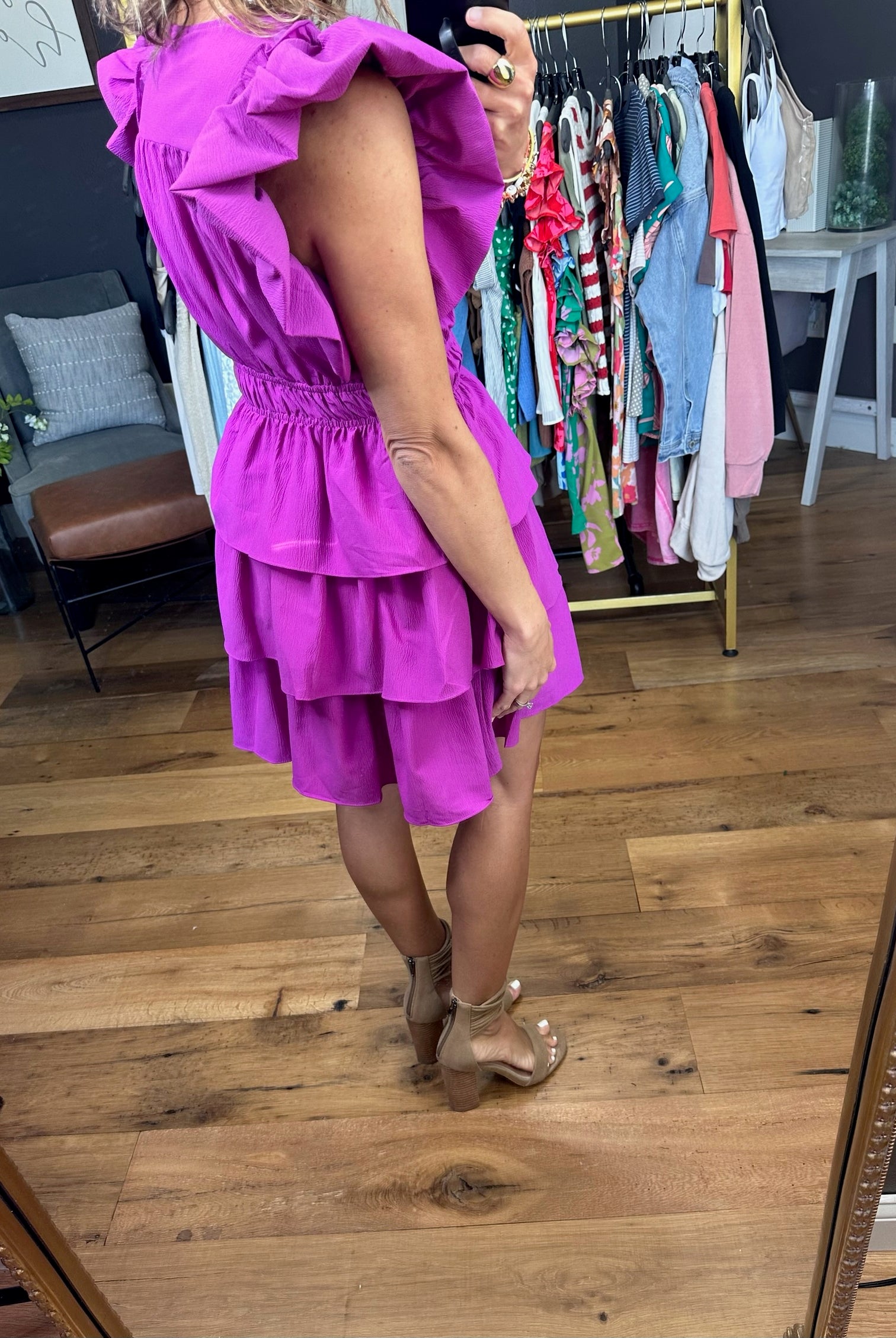 First Time Feeling Tiered Statement Sleeve Dress - Violet-Dresses-Entro-Anna Kaytes Boutique, Women's Fashion Boutique in Grinnell, Iowa