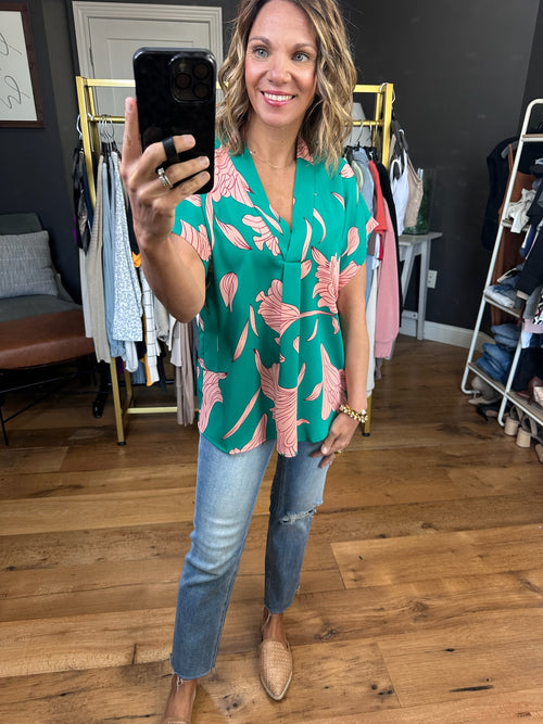 Moving On Patterned V-Neck Top - Green-Entro-Anna Kaytes Boutique, Women's Fashion Boutique in Grinnell, Iowa